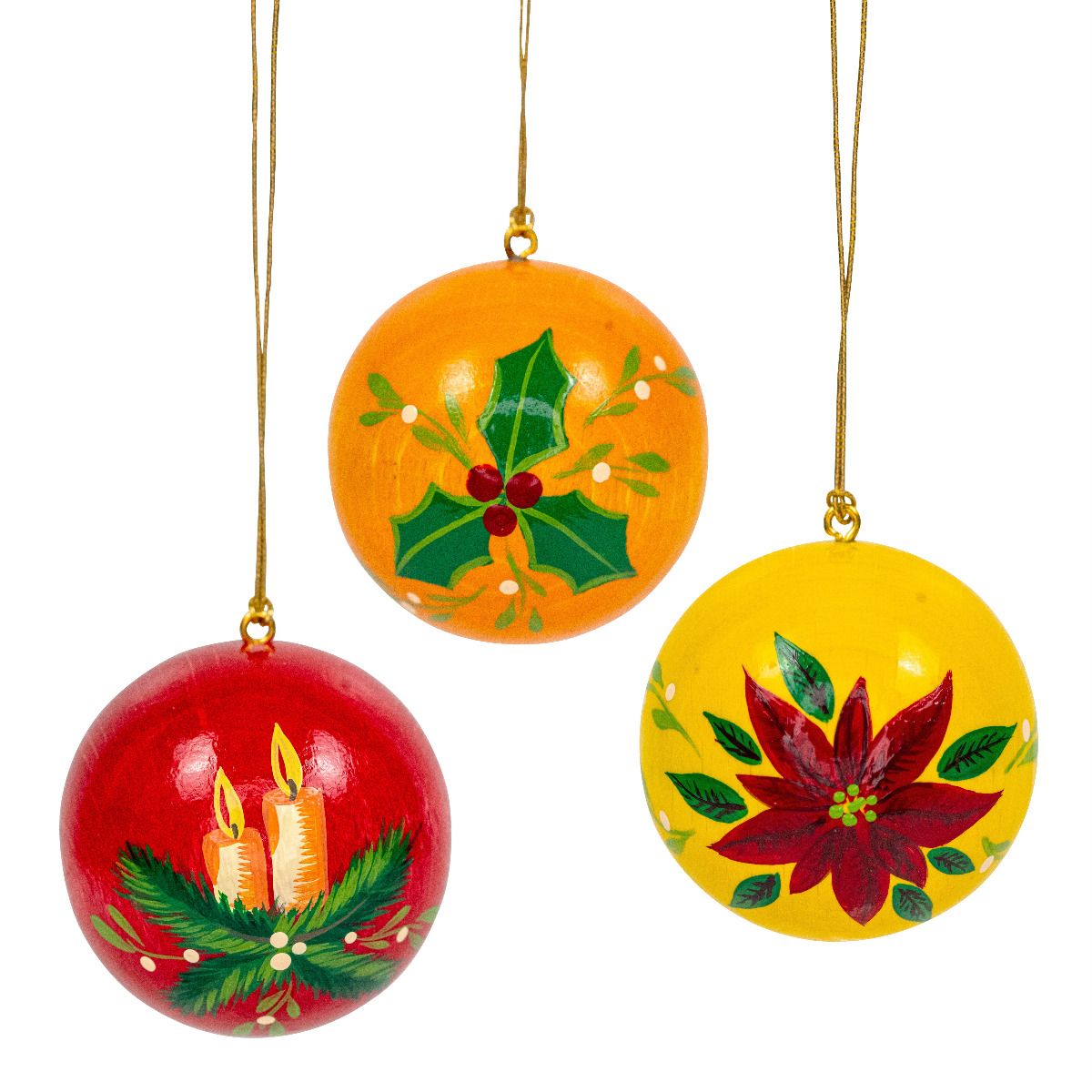 Weihnachtskugeln rot, orange, gelb, Weihnachtsmotive, 3 Stück 40mm, handbemalt Weihnachtskugeln rot, orange, gelb, Weihnachtsmotive, 3 Stück 40mm, handbemalt