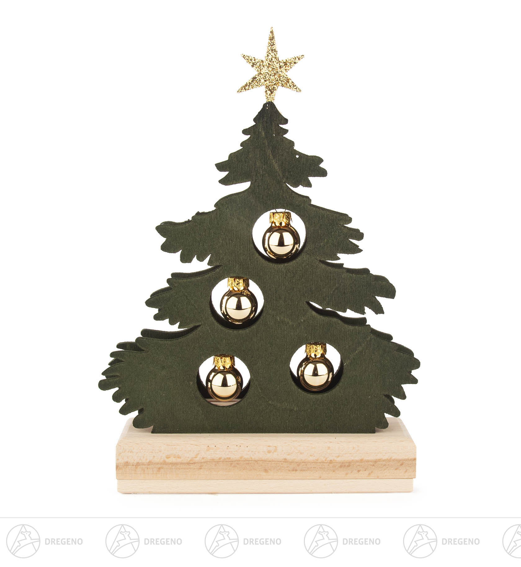 Mini-Tanne grün gebeizt,goldene Kugeln mit LED-Strip Beleuchtung (Halb-USB) 23x17cm