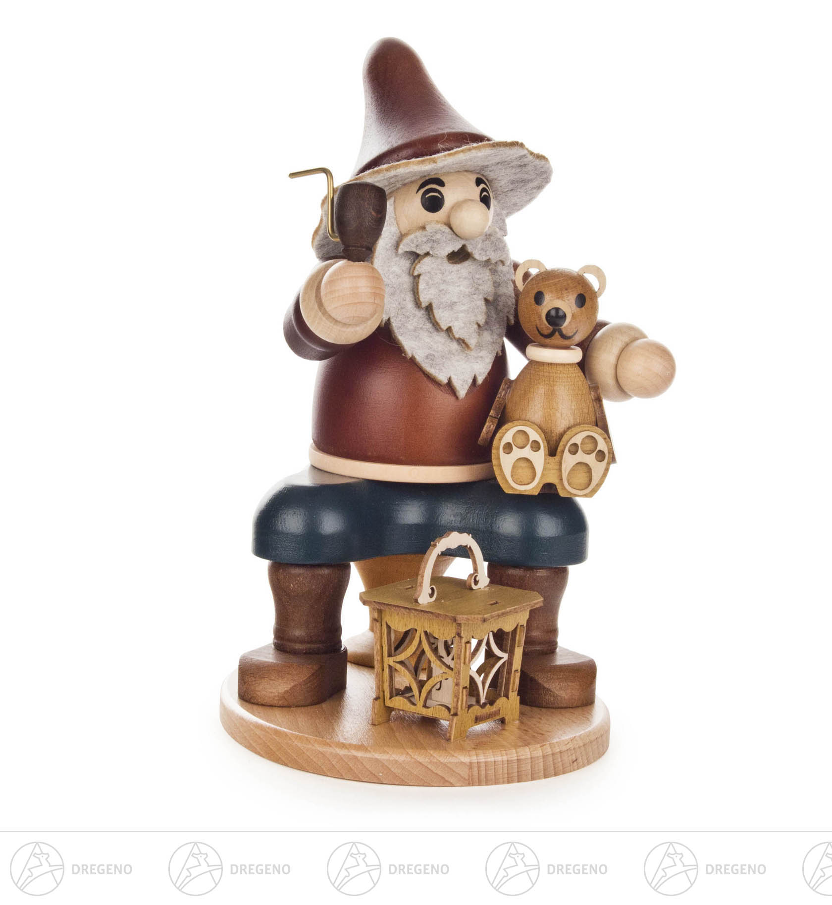 Räuchermann Wichtel sitzend mit Teddy und Laterne