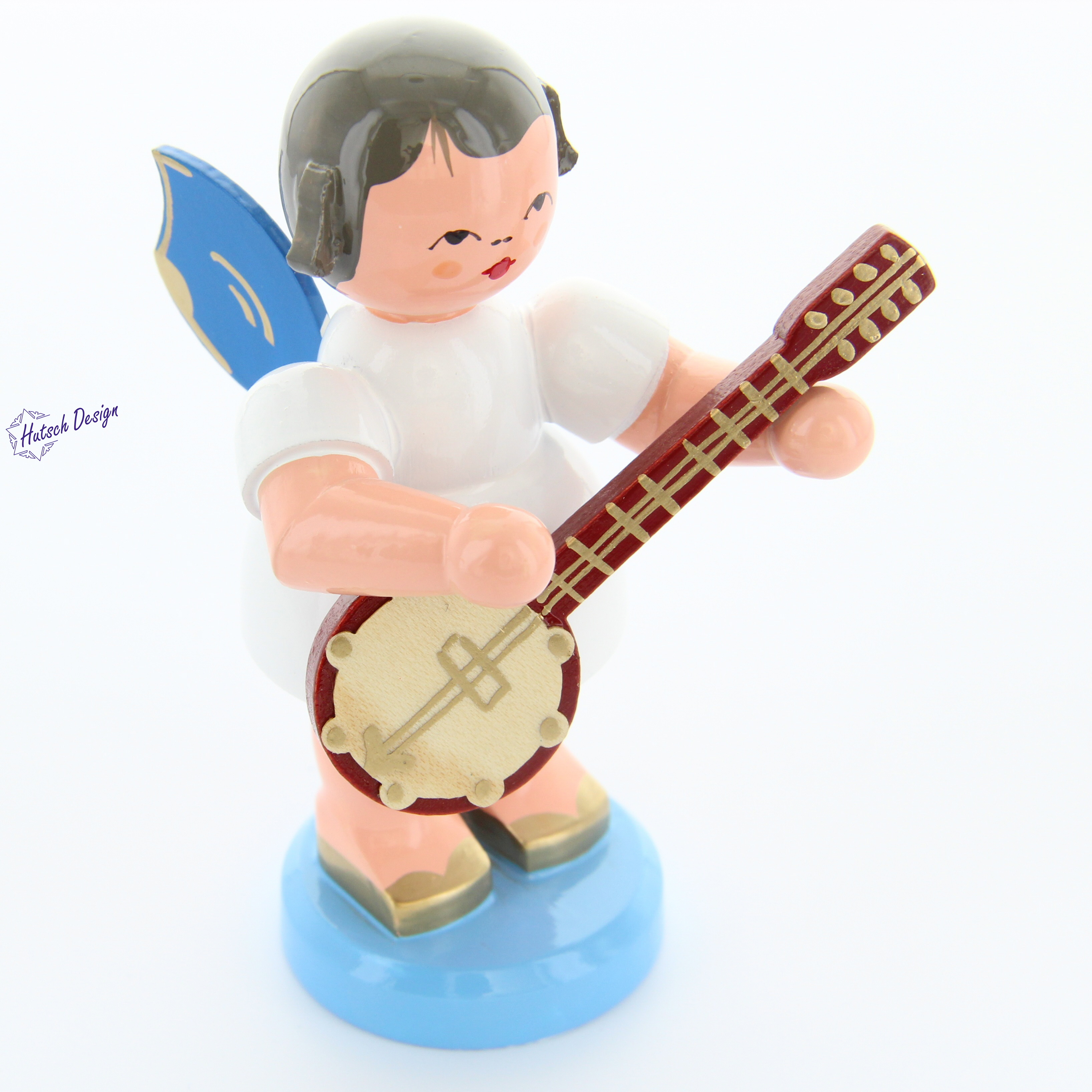 Engel stehend groß mit Banjo, blaue Flügel Engel stehend groß mit Banjo, blaue Flügel