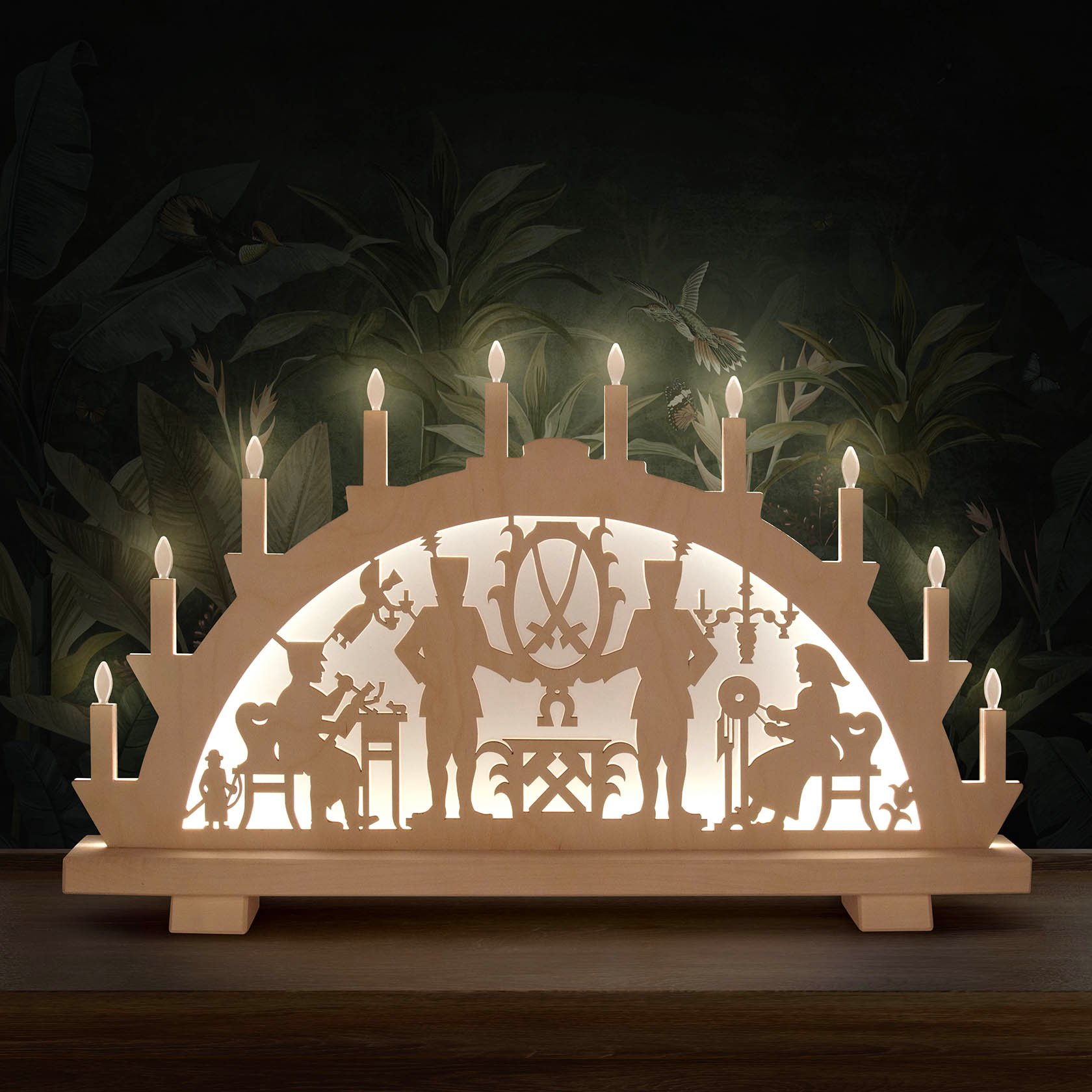Schwibbogen SCH-L-ICHT Erzgebirgsmotiv mit LED-Beleuchtung Netzspannung 100-240V 37x64cm