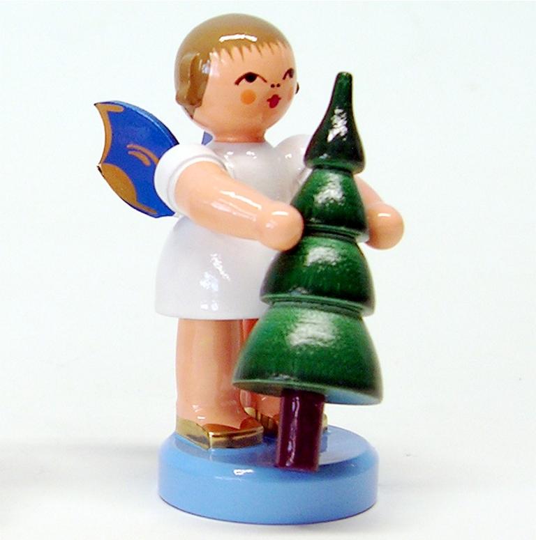 Engel stehend mit Weihnachtsbaum, blaue Flügel