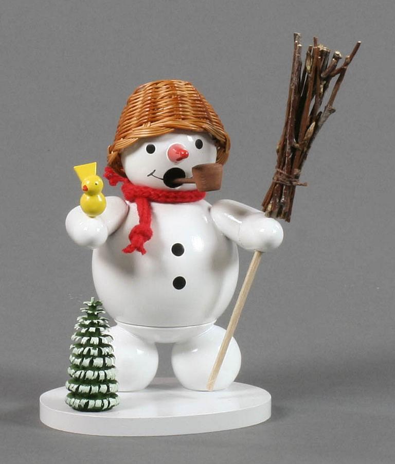 Räuchermann Schneemann mit Korbhut, Baum und Vogel
