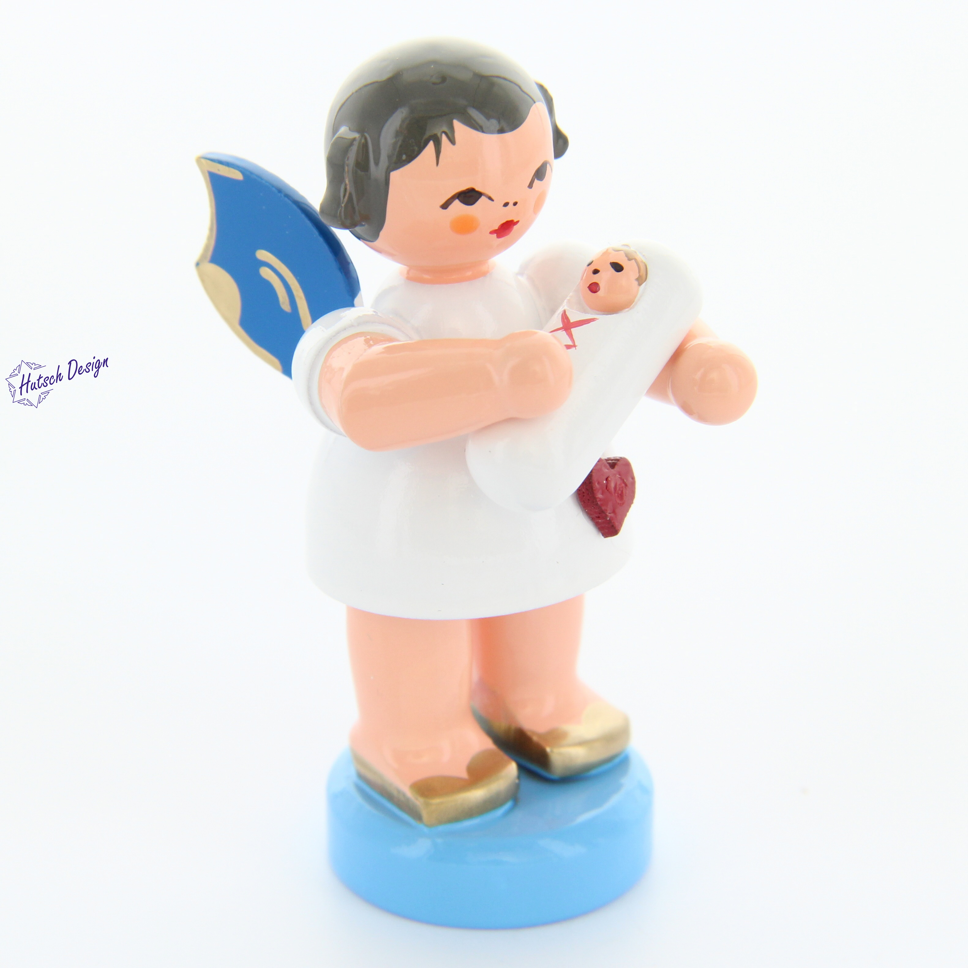 Herzengel stehend mit Baby Mädchen, blaue Flügel Herzengel stehend mit Baby Mädchen, blaue Flügel