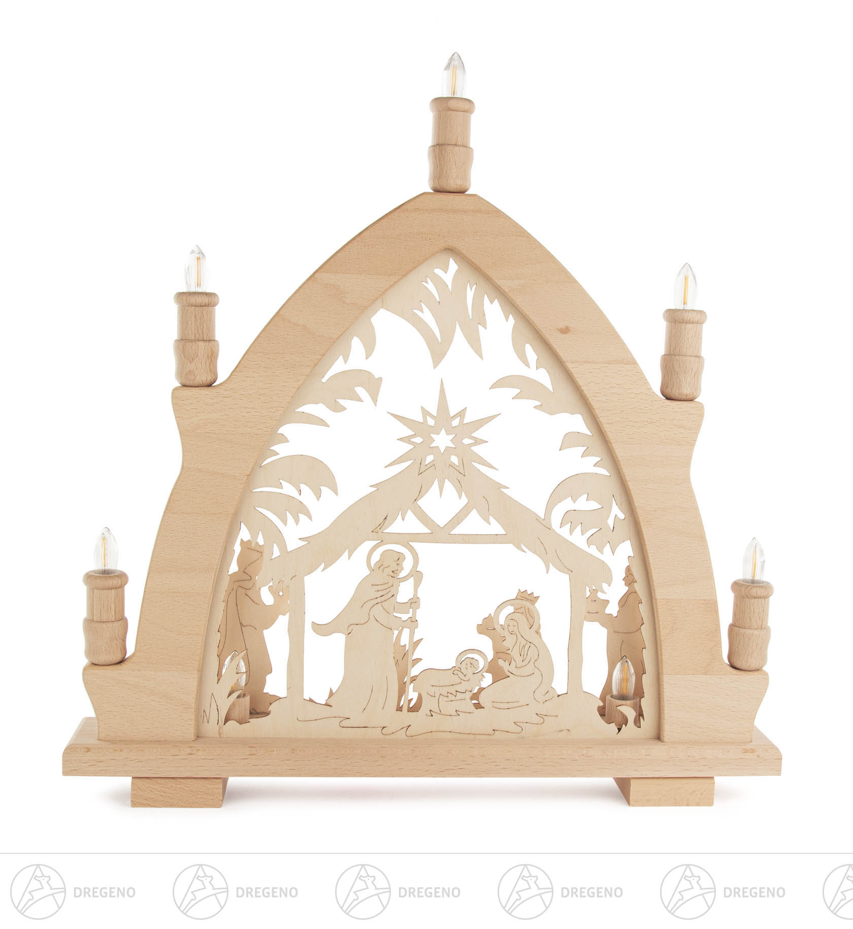 LED-Leuchterbogen Krippe natur mit Innenbeleuchtung im Sockel 43x42cm