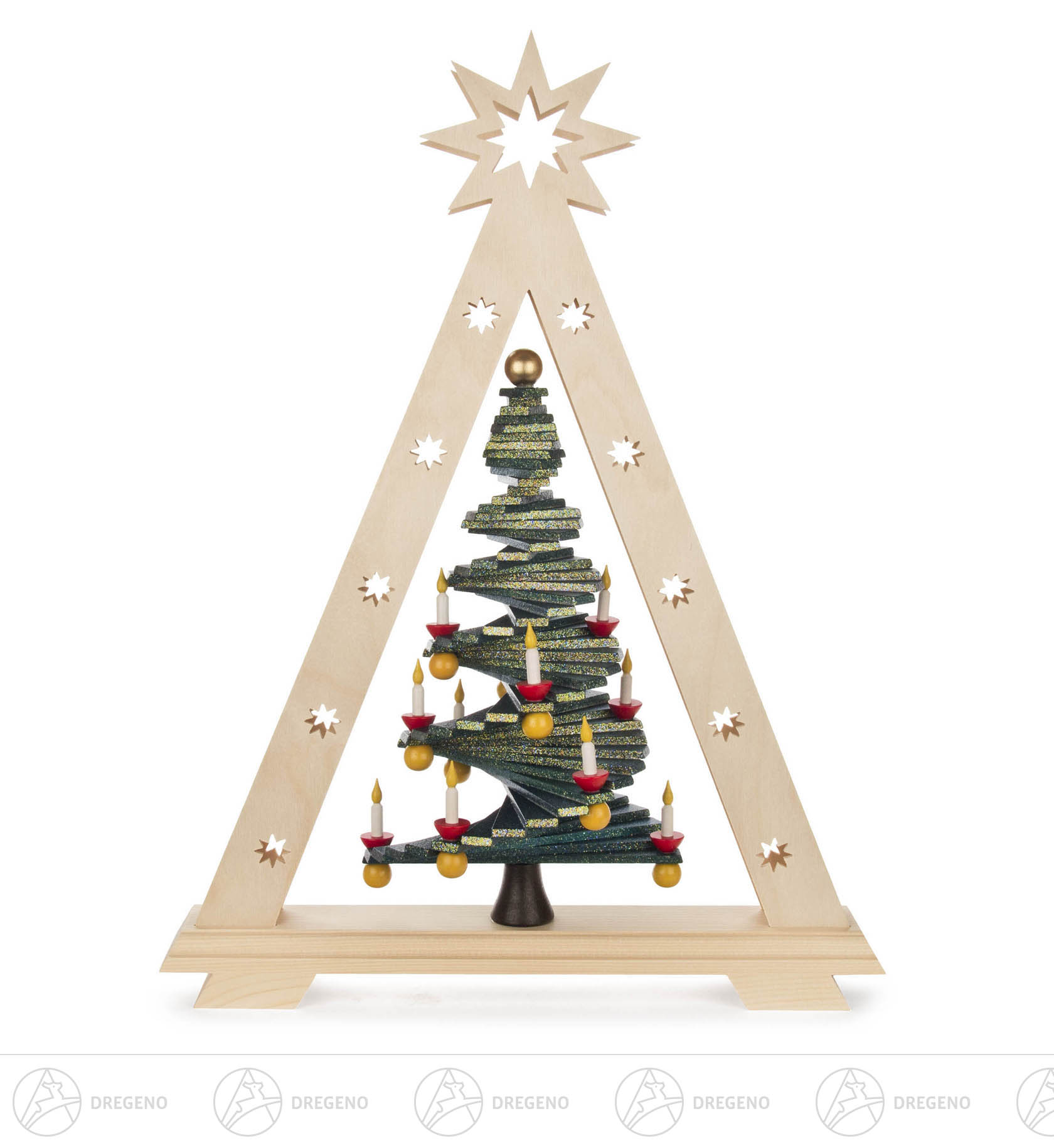 Schwibbogenspitze Stufenbaum Goldeffekt mit LED-Beleuchtung (Input 100-240V) Dregeno Exklusiv-Artikel 48x36cm