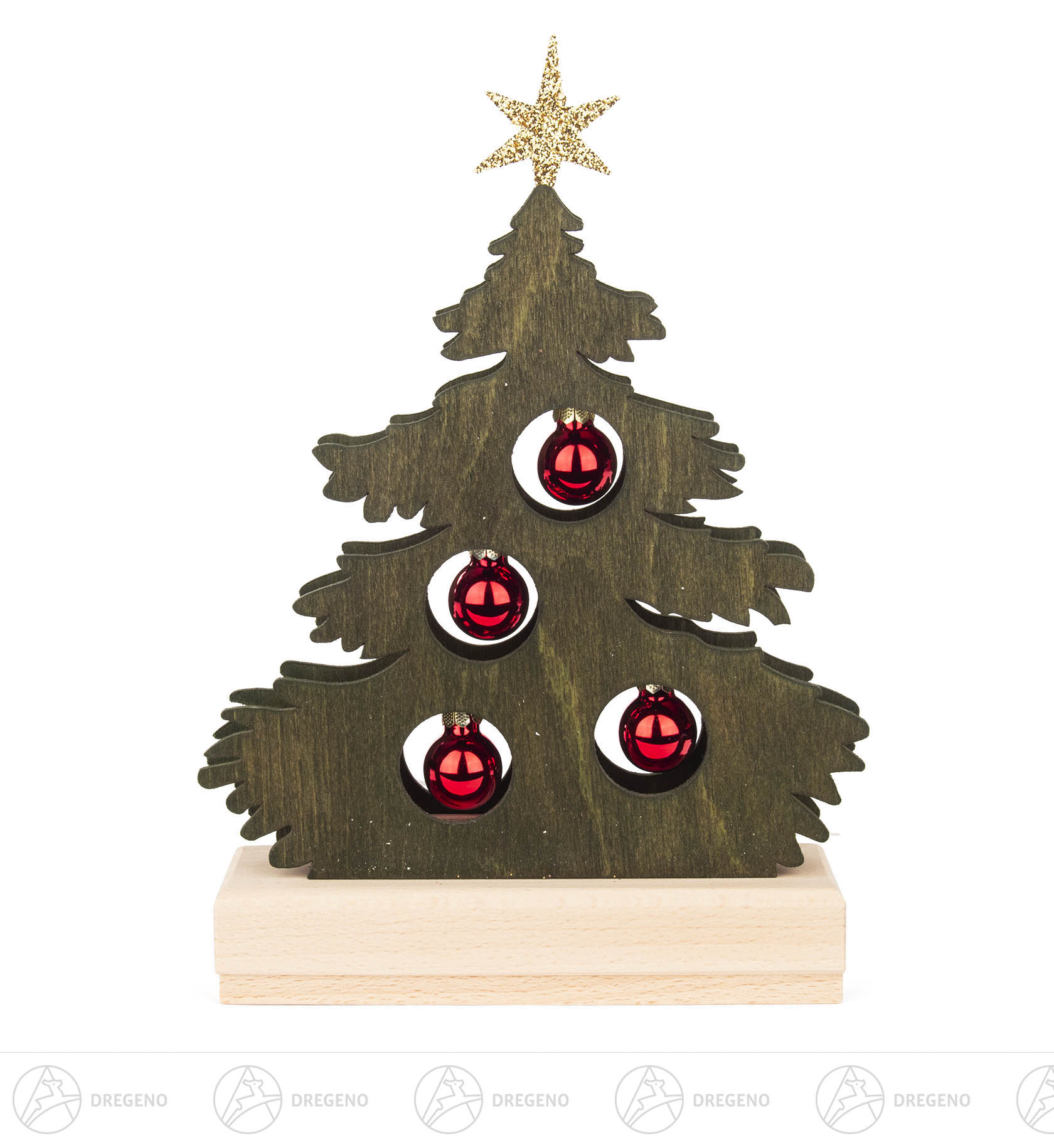 Mini-Tanne grün gebeizt,rote Kugeln mit LED-Strip Beleuchtung (Halb-USB) 23x17cm