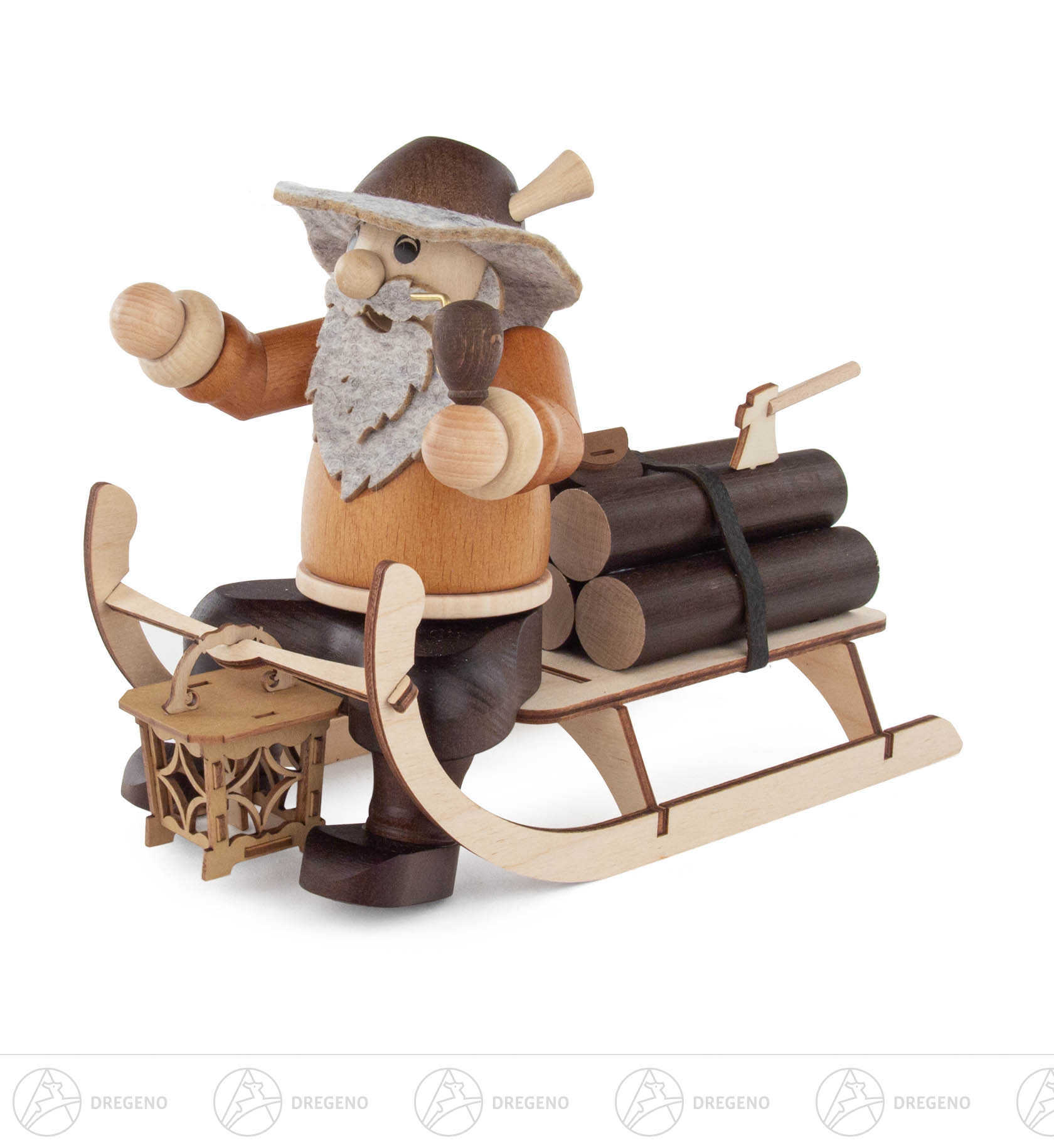 Räuchermann Holzfäller auf Schlitten