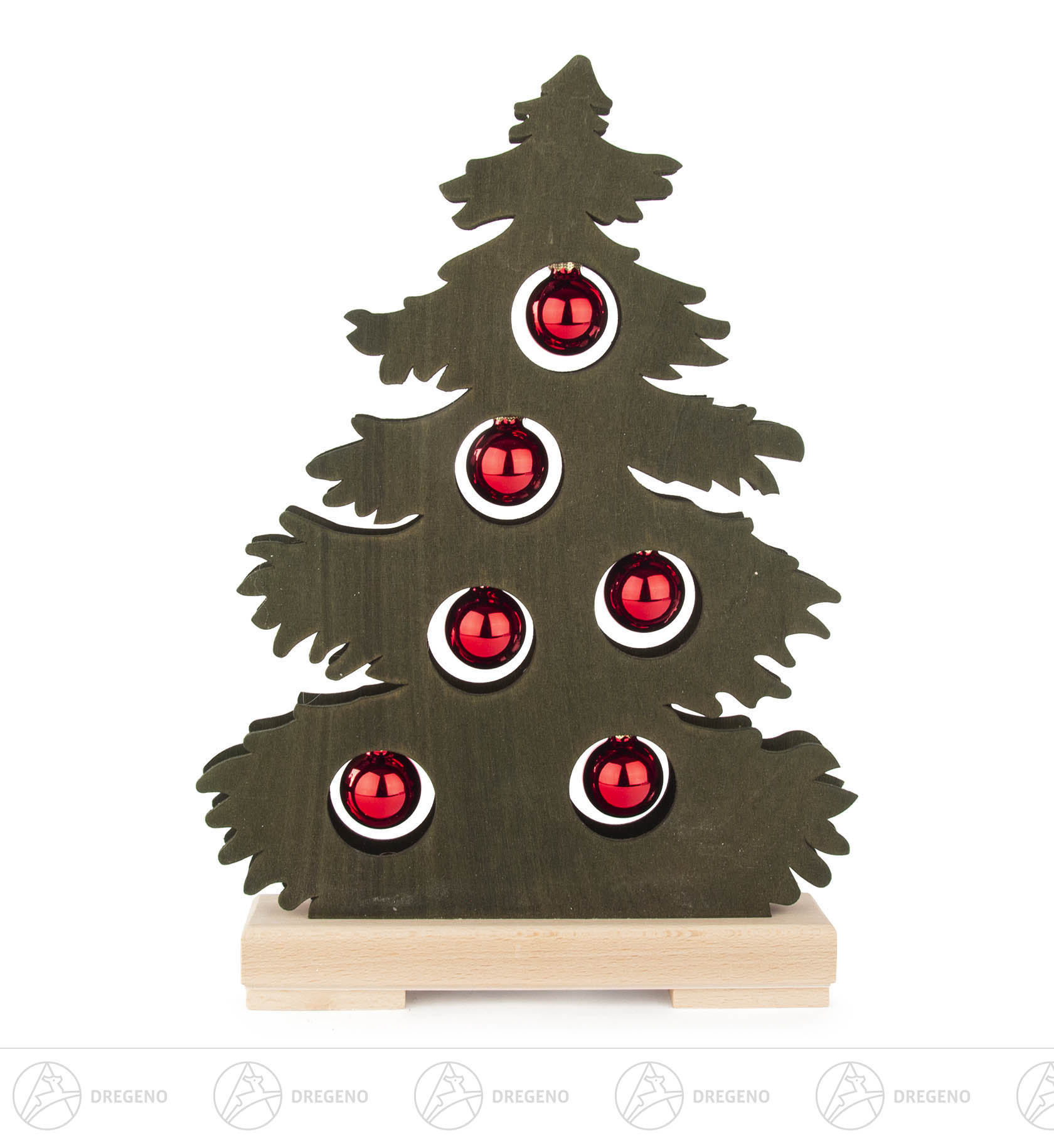 Tanne klein,grün gebeizt,rote Kugeln mit 10er LED-Lichterkette (USB) 33x23cm