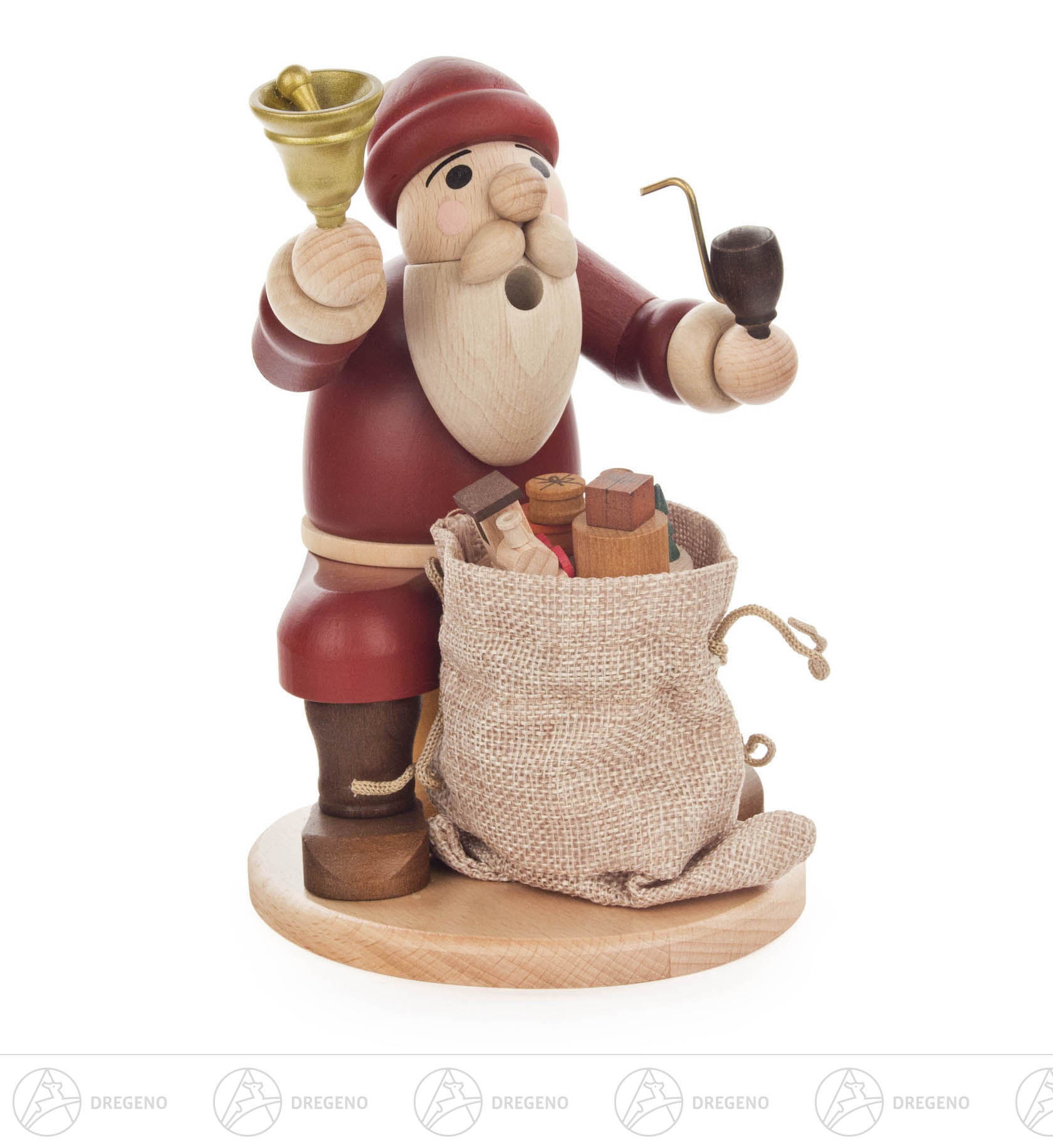 Räuchermann Weihnachtsmann sitzend mit Glocke und Geschenkesack