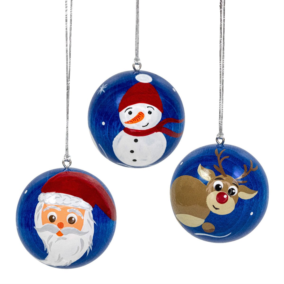 Weihnachtskugeln blau, Rentier, Schneemann, Weihnachtsmann, 3 Stück 40mm, handbemalt Weihnachtskugeln blau, Rentier, Schneemann, Weihnachtsmann, 3 Stück 40mm, handbemalt