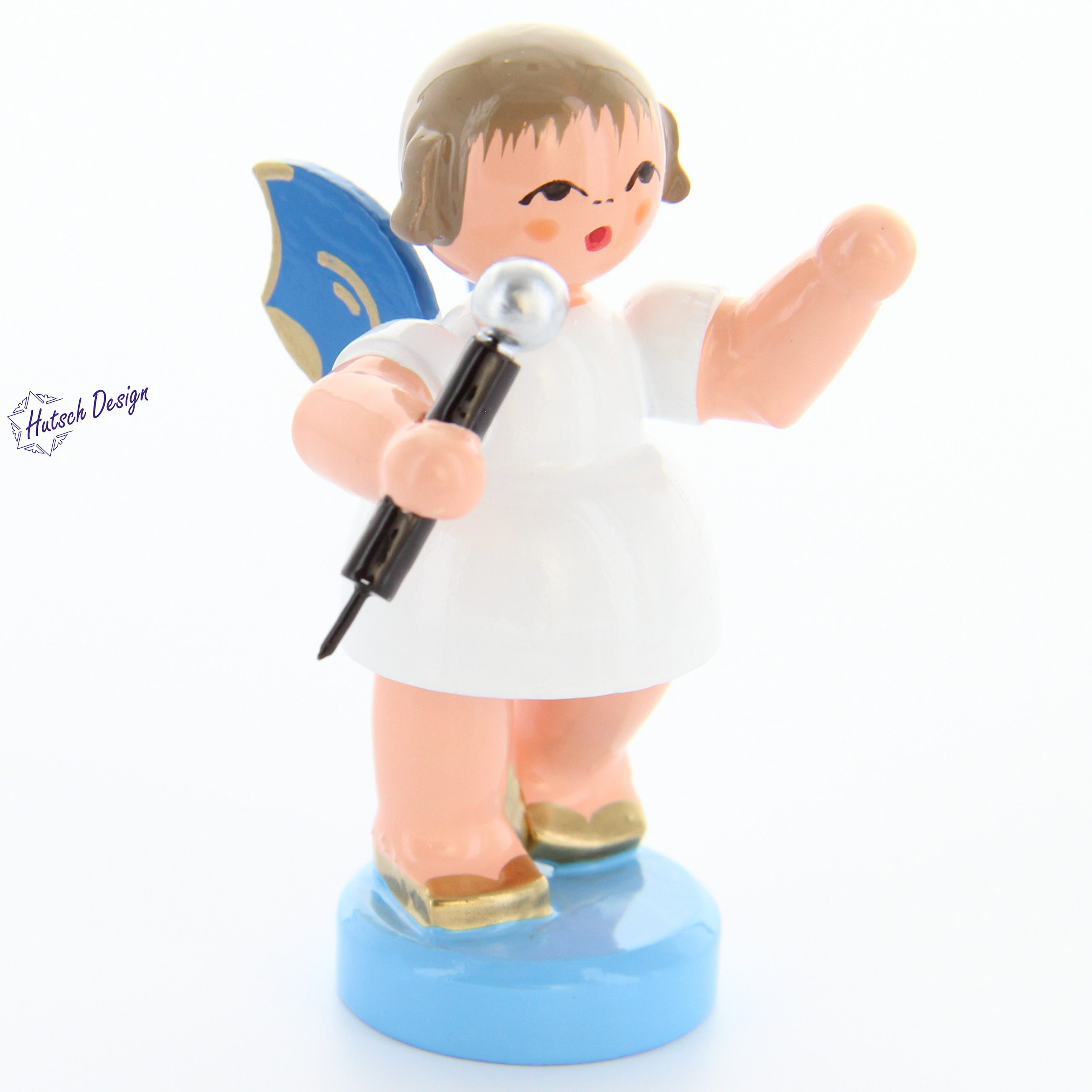 Engel stehend mit Mikrofon, blaue Flügel Engel stehend mit Mikrofon, blaue Flügel