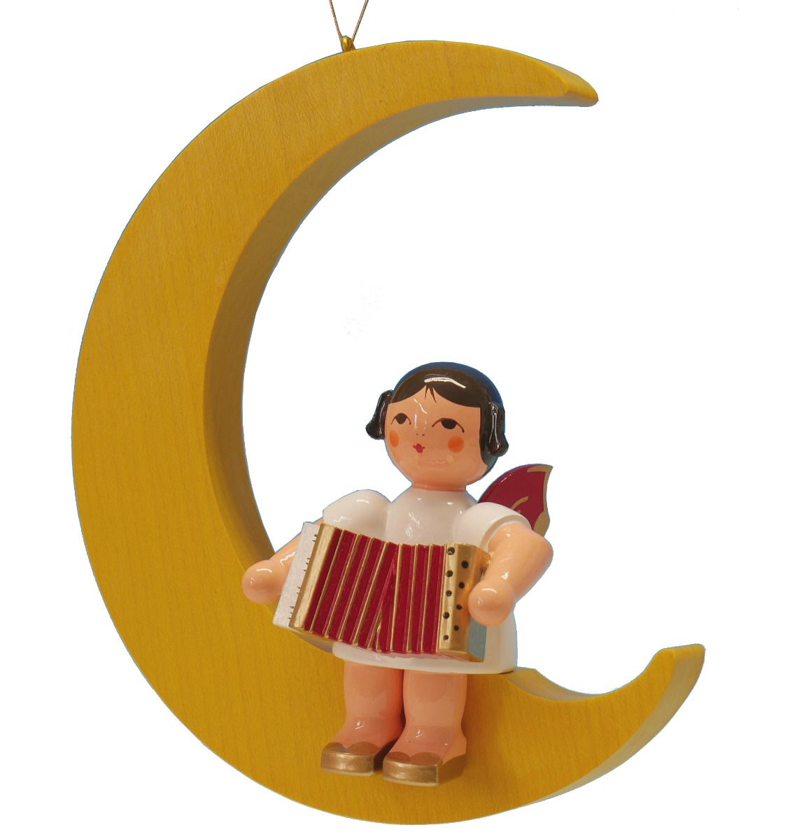 Engel sitzend groß mit Akkordeon, Flügel rot, Mond gelb Engel sitzend groß mit Akkordeon, Flügel rot, Mond gelb
