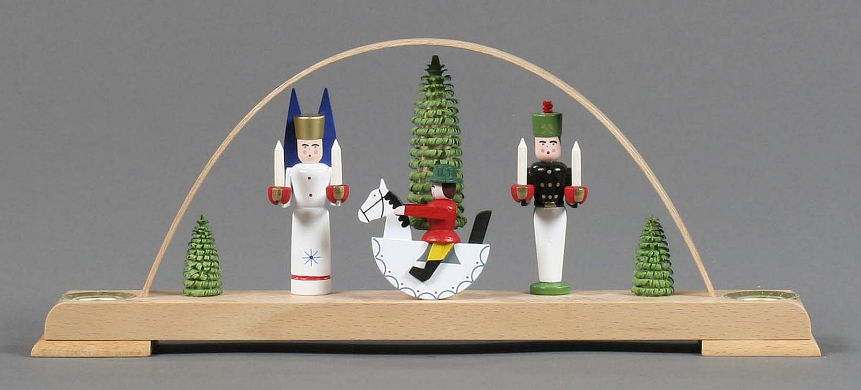 Schwibbogen mit Engel, Bergmann und Reiterlein, farbig, für Kerzen d14mm