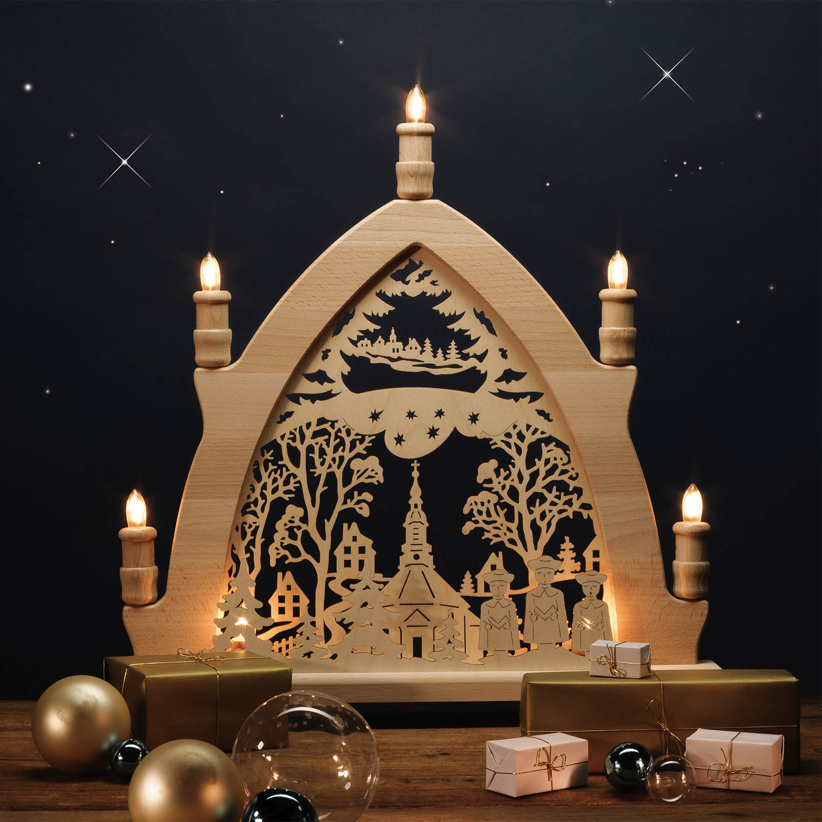 LED-Leuchterbogen Seiffener Kirche mit Innenbeleuchtung im Sockel 42x43cm