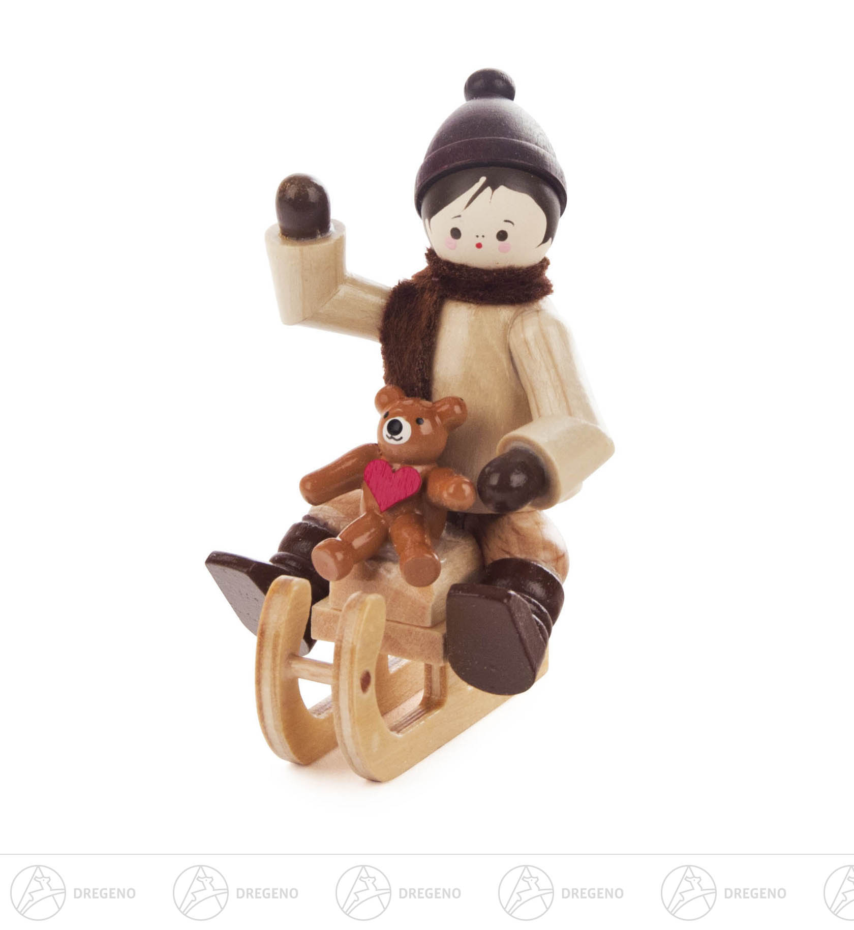 Winterkind mit Teddy auf Schlitten sitzend 6cm Winterkind mit Teddy auf Schlitten sitzend 6cm