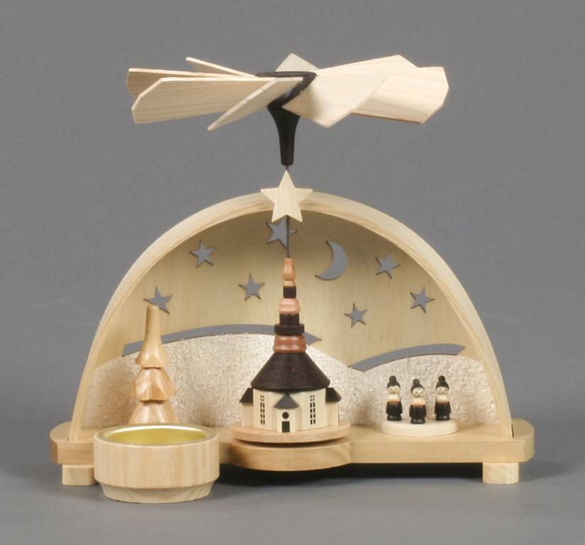 Pyramidenschwibbogen klein mit Seiffener Kirche und Kurrende, für Teelicht Pyramidenschwibbogen klein mit Seiffener Kirche und Kurrende, für Teelicht