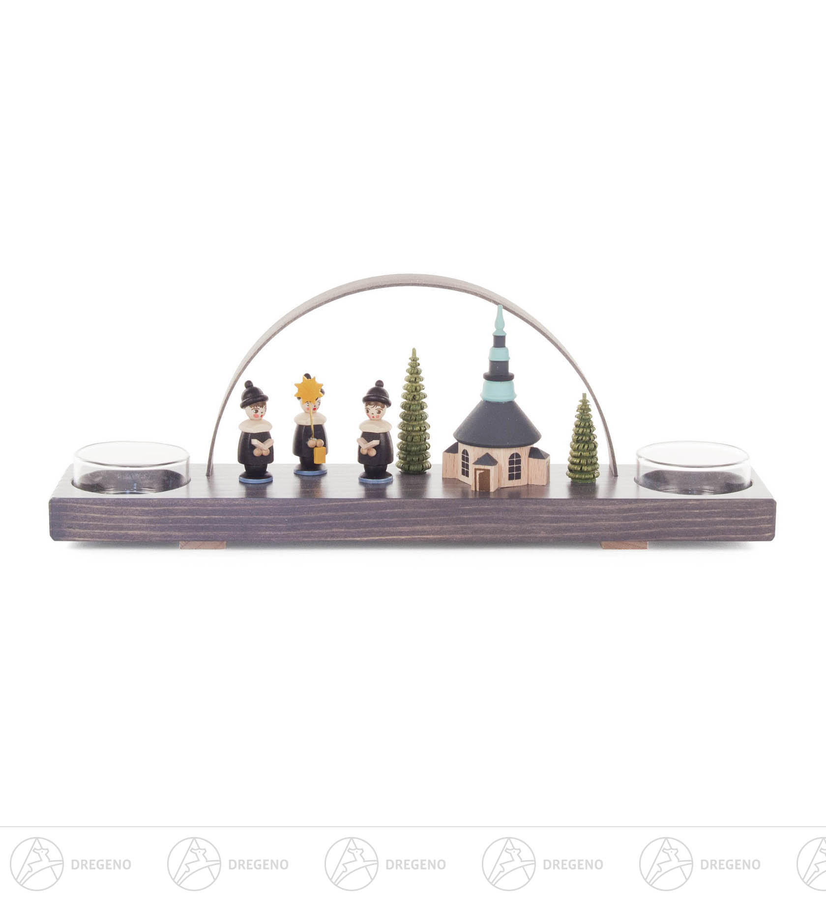 Schwibbogen mit Seiffener Kirche und Kurrende grau, für Teelichte 10x27cm Schwibbogen mit Seiffener Kirche und Kurrende grau, für Teelichte 10x27cm
