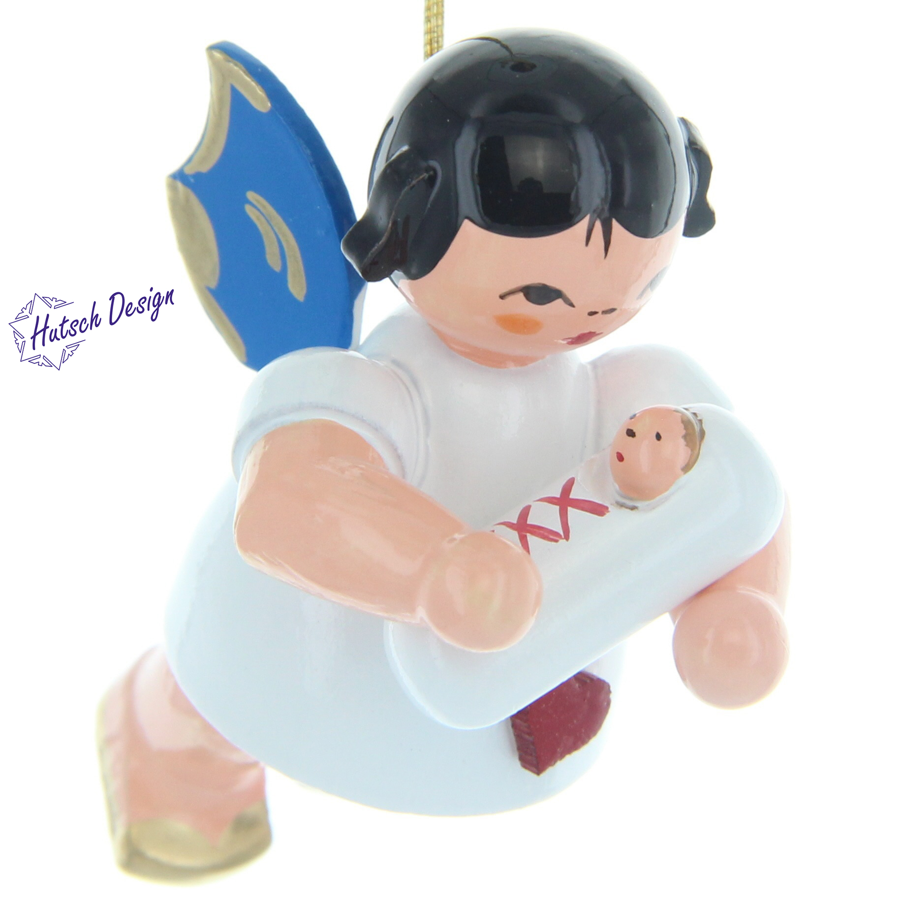 Herzengel schwebend mit Baby Mädchen, blaue Flügel Herzengel schwebend mit Baby Mädchen, blaue Flügel