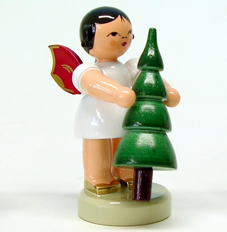 Engel stehend mit Weihnachtsbaum, rote Flügel Engel stehend mit Weihnachtsbaum, rote Flügel
