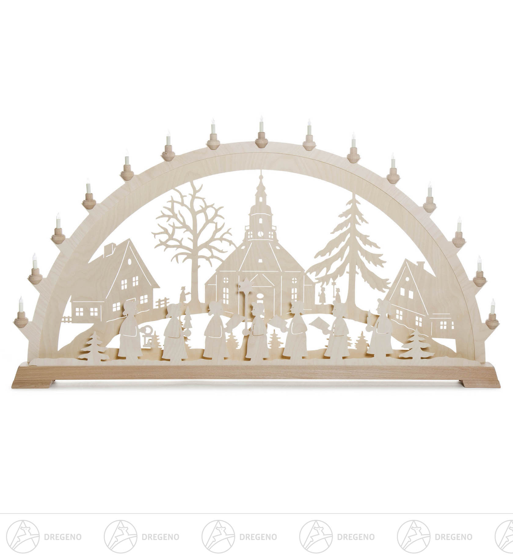 Schwibbogen mit Seiffener Dorf und Kurrende, elektrisch beleuchtet