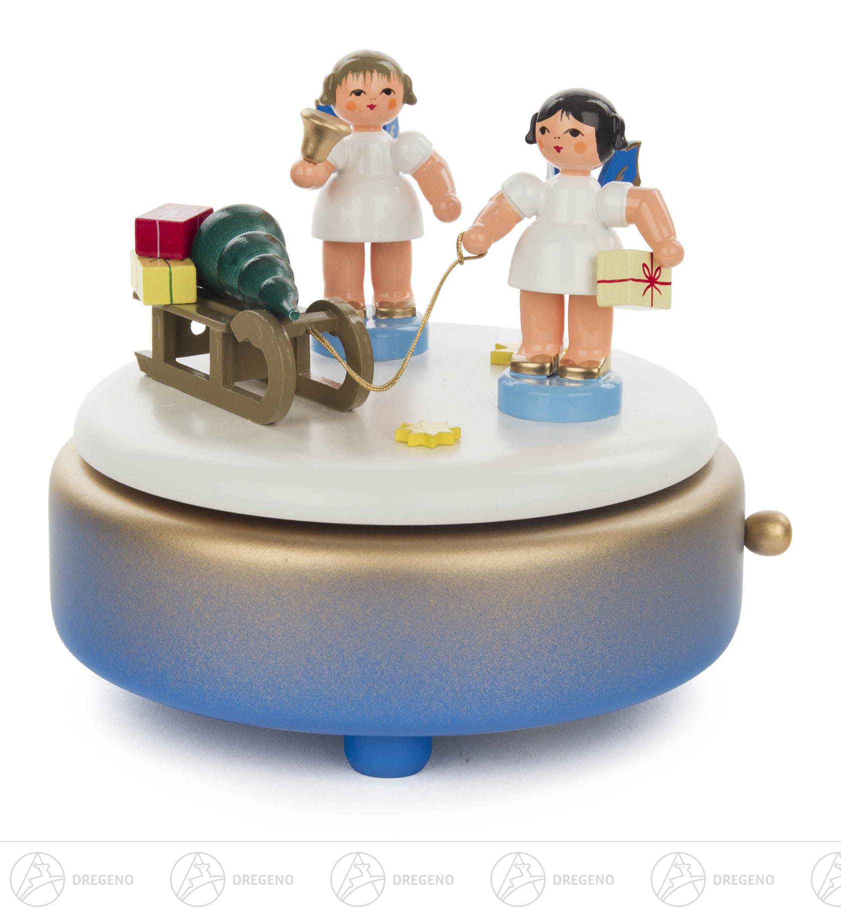 Spieldose blau/weiß/gold 2 Engel & Geschenkeschlitten,Flügel blau Melodie: Leise rieselt der Schnee