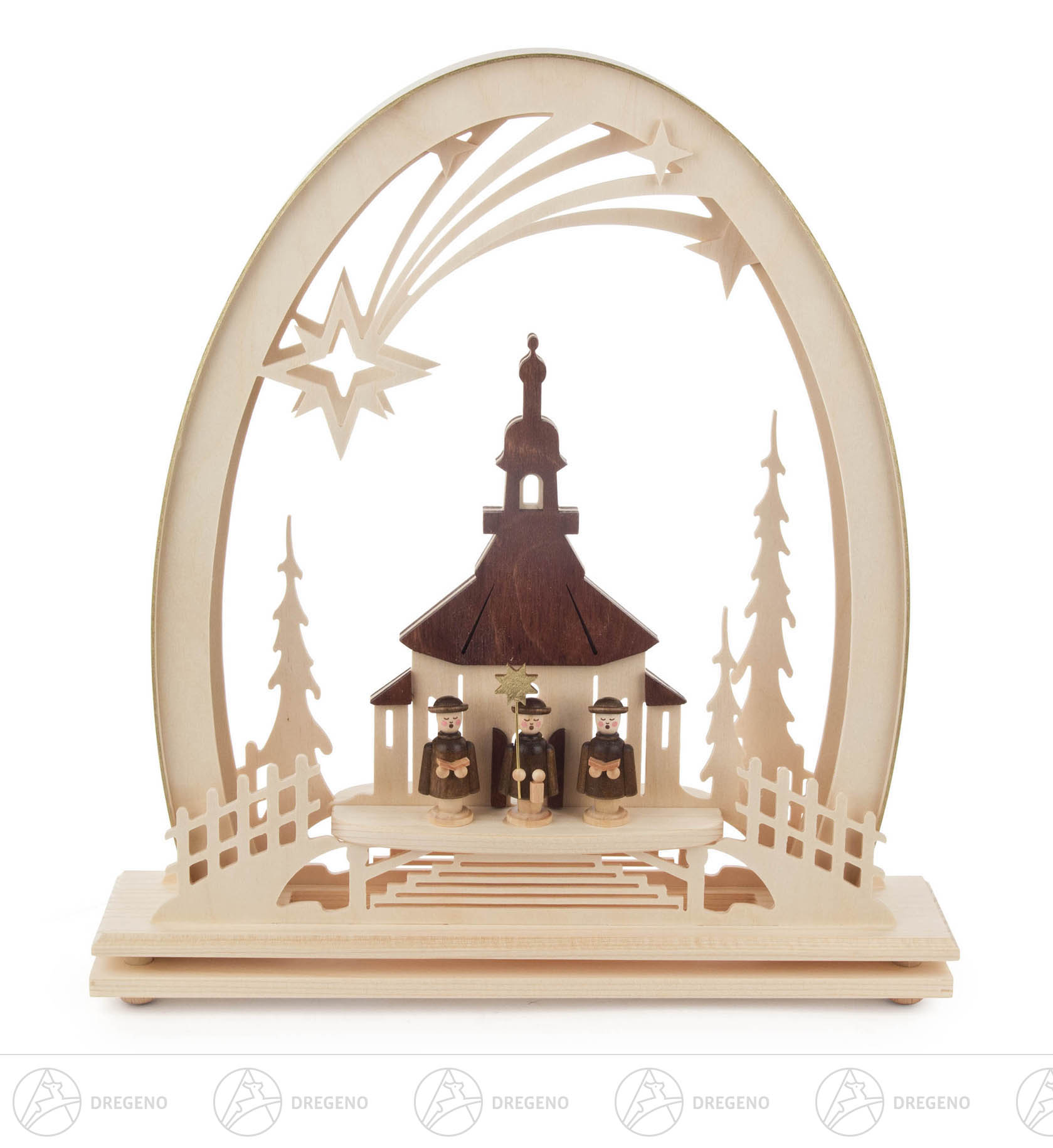 Erzgebirgsbogen Seiffener Kirche und Kurrende mit LED-Beleuchtung 33x31cm