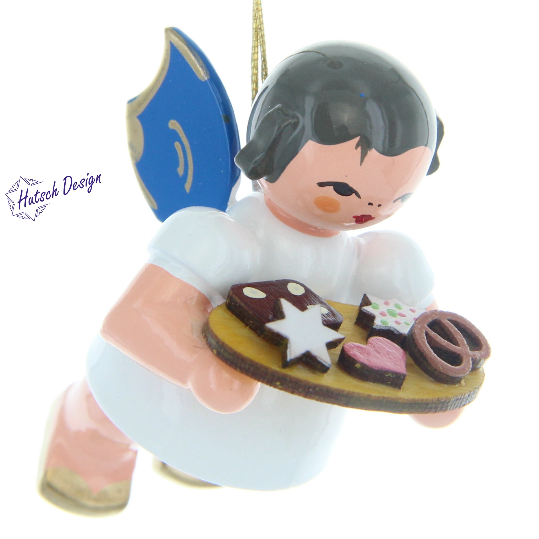Engel schwebend mit Lebkuchenblech, blaue Flügel Engel schwebend mit Lebkuchenblech, blaue Flügel