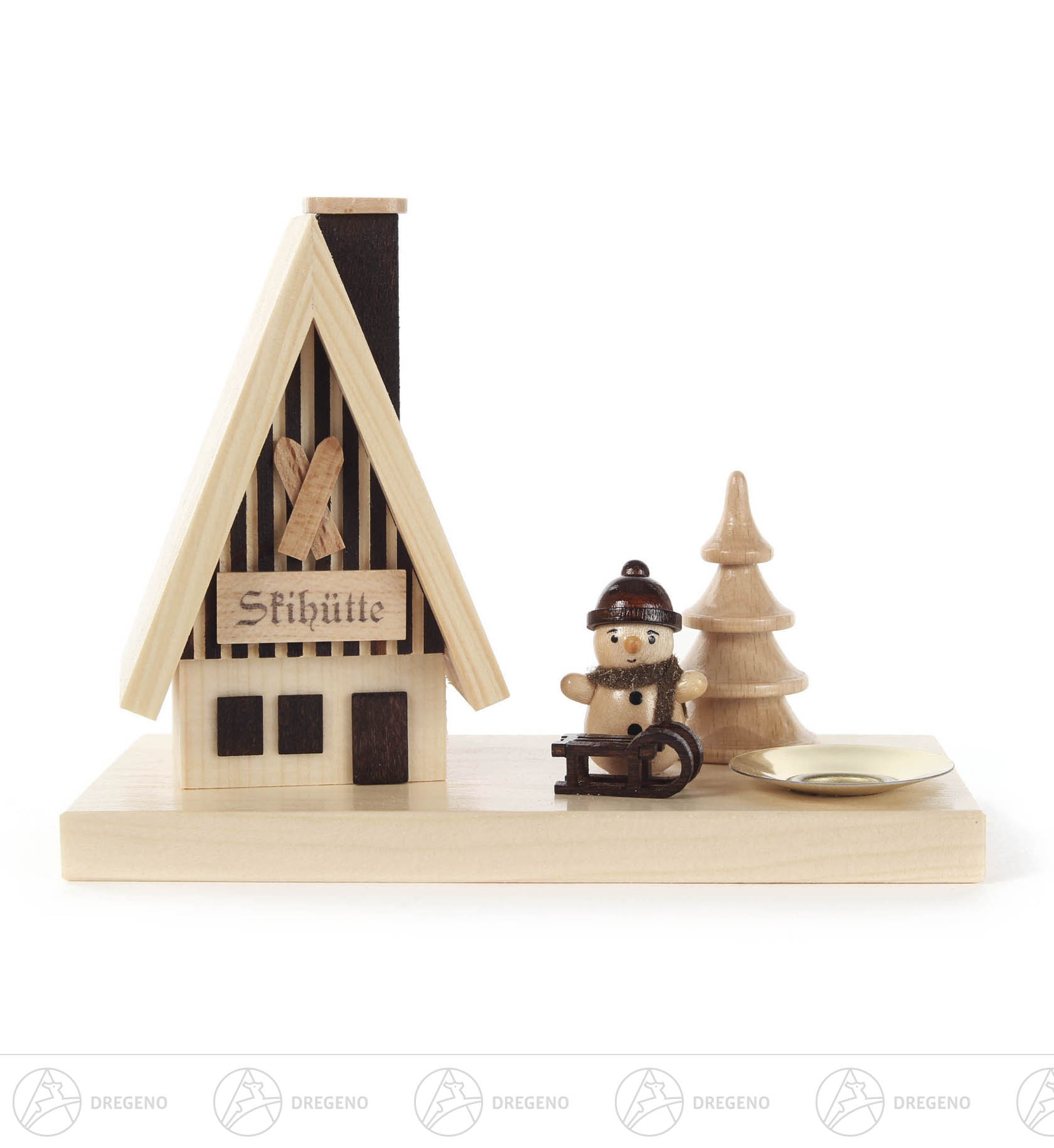 Räucherhaus Skihütte mit Schneemann und Kerzenhalter für Kerze d14mm