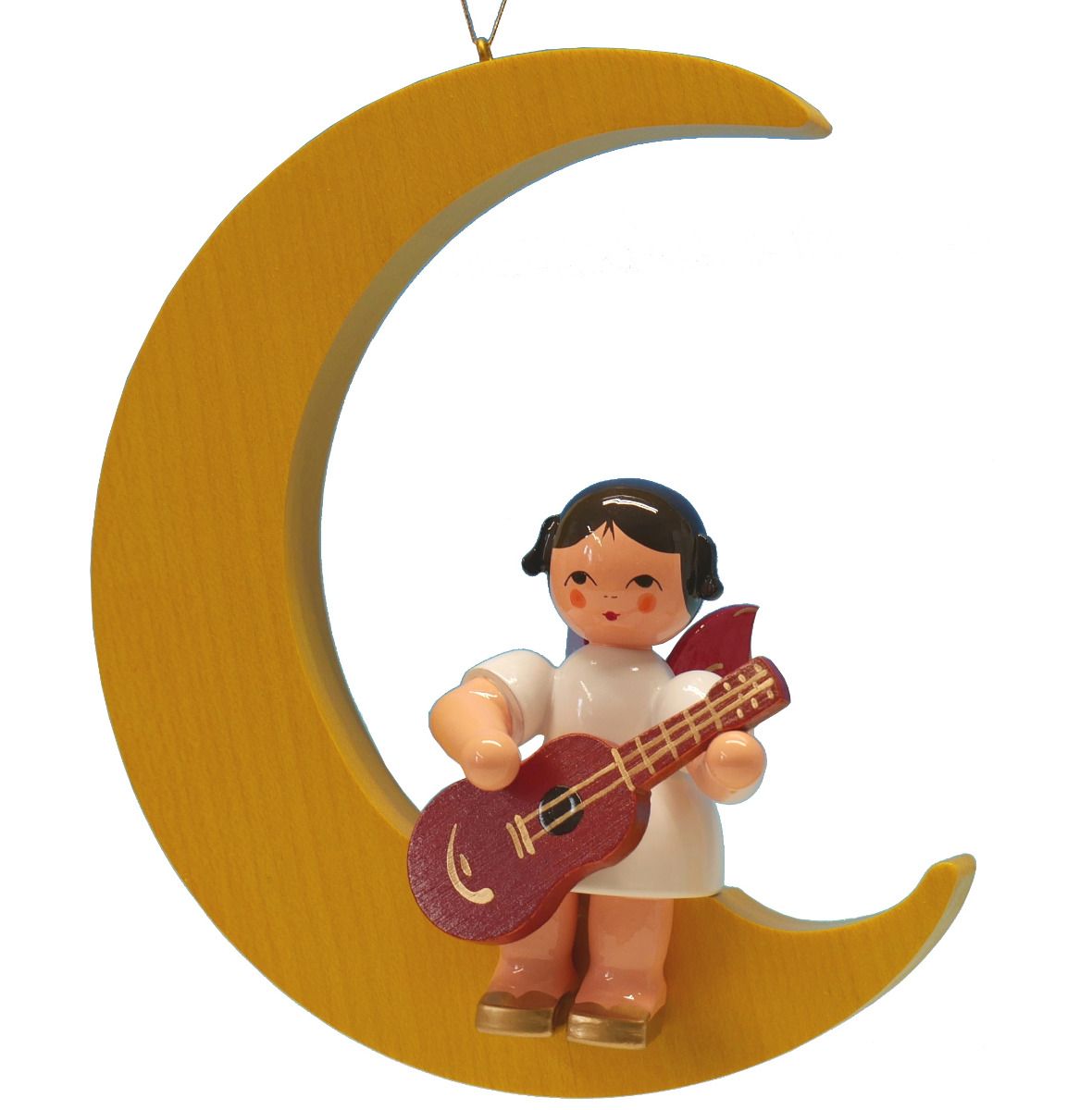 Engel sitzend groß mit Gitarre, Flügel rot, Mond gelb Engel sitzend groß mit Gitarre, Flügel rot, Mond gelb