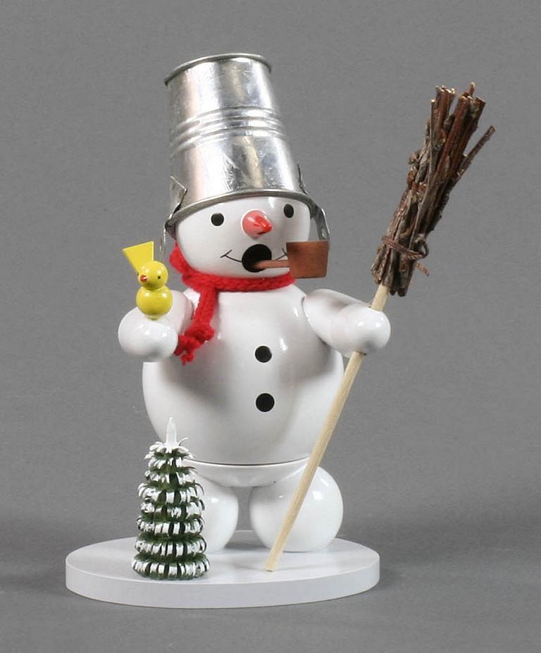 Räuchermann Schneemann mit Eimerhut, Baum und Vogel