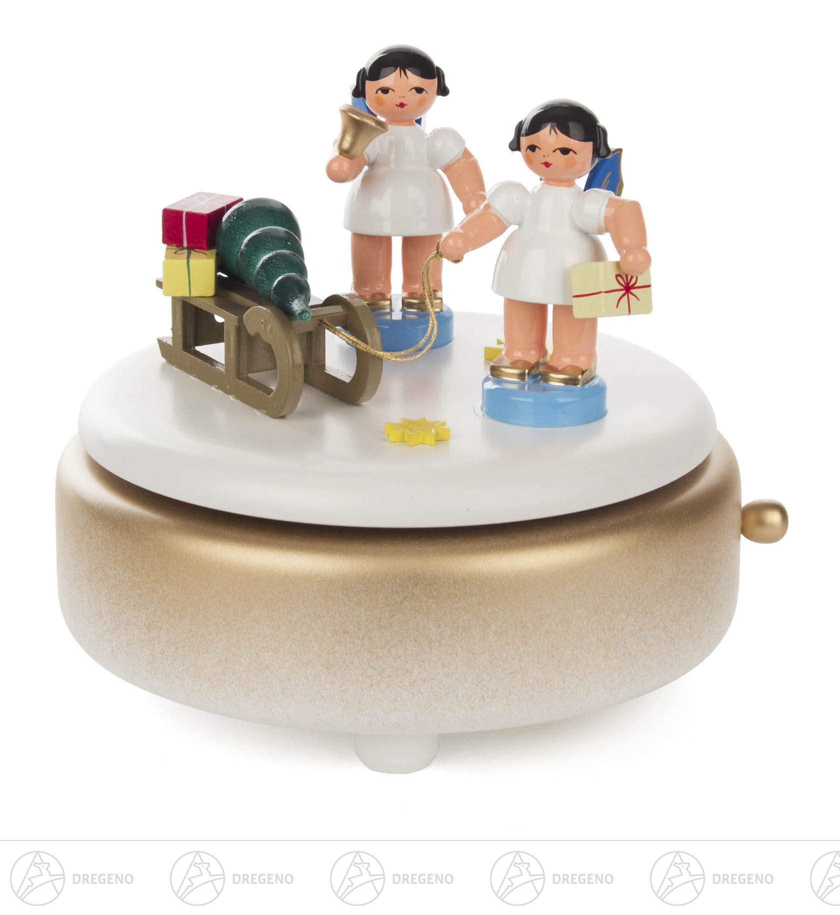 Spieldose weiß/gold 2 Engel & Geschenkeschlitten,Flügel blau Melodie: Leise rieselt der Schnee
