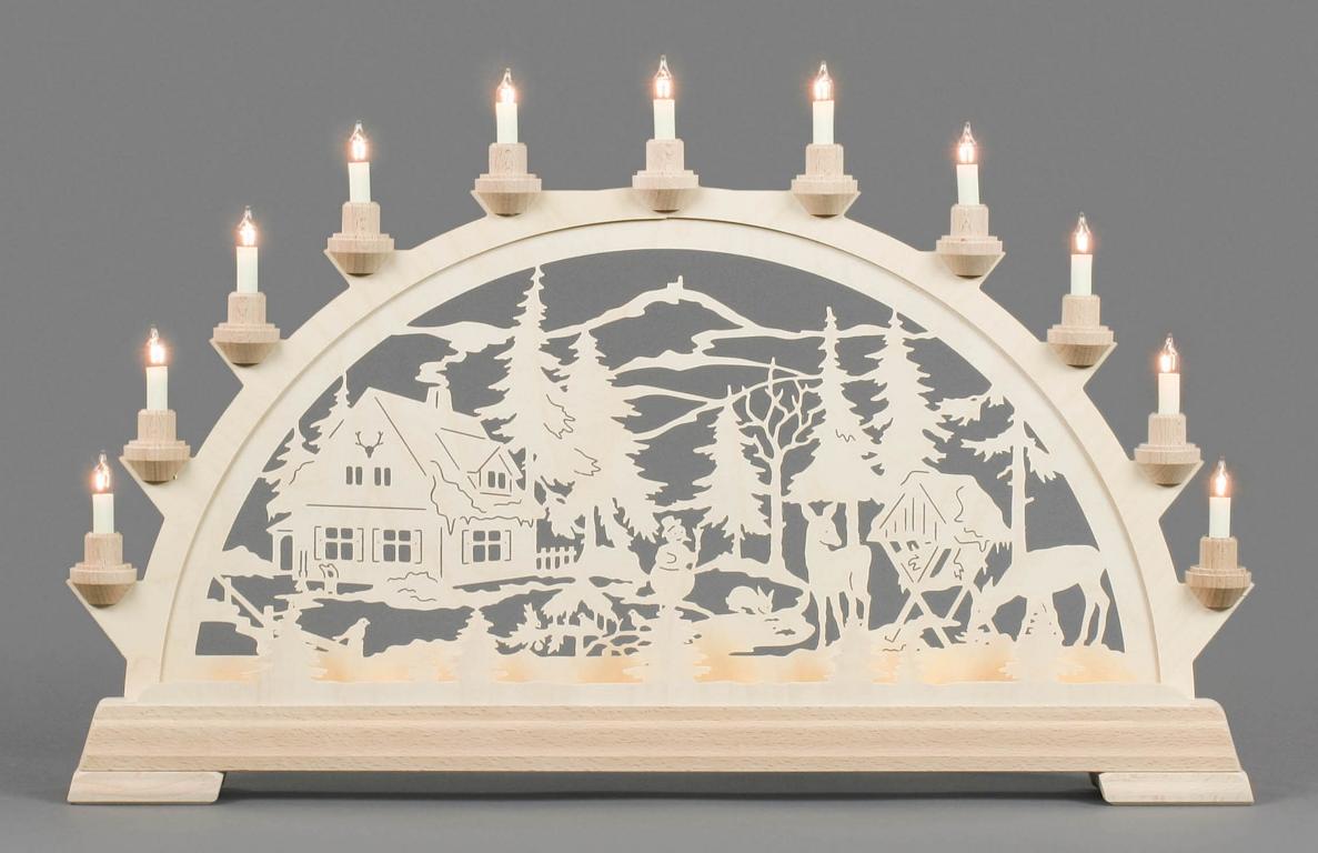 Schwibbogen mit Forsthaus und Rehen, elektrisch beleuchtet 40x63cm