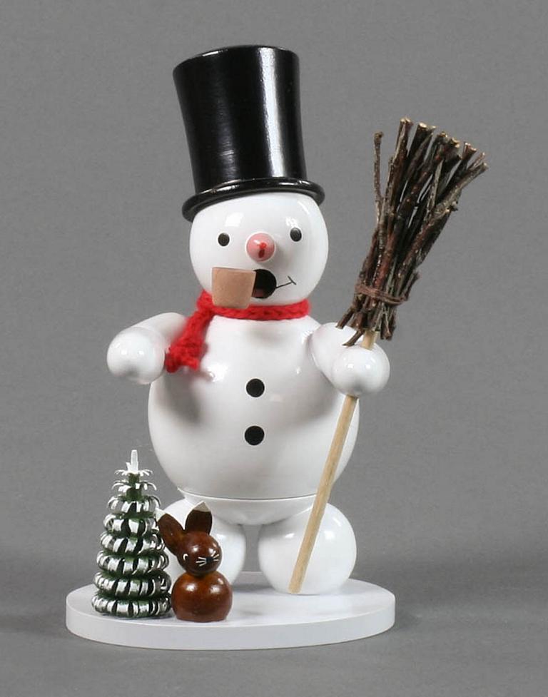 Räuchermann Schneemann mit Zylinderhut, Baum und Hase