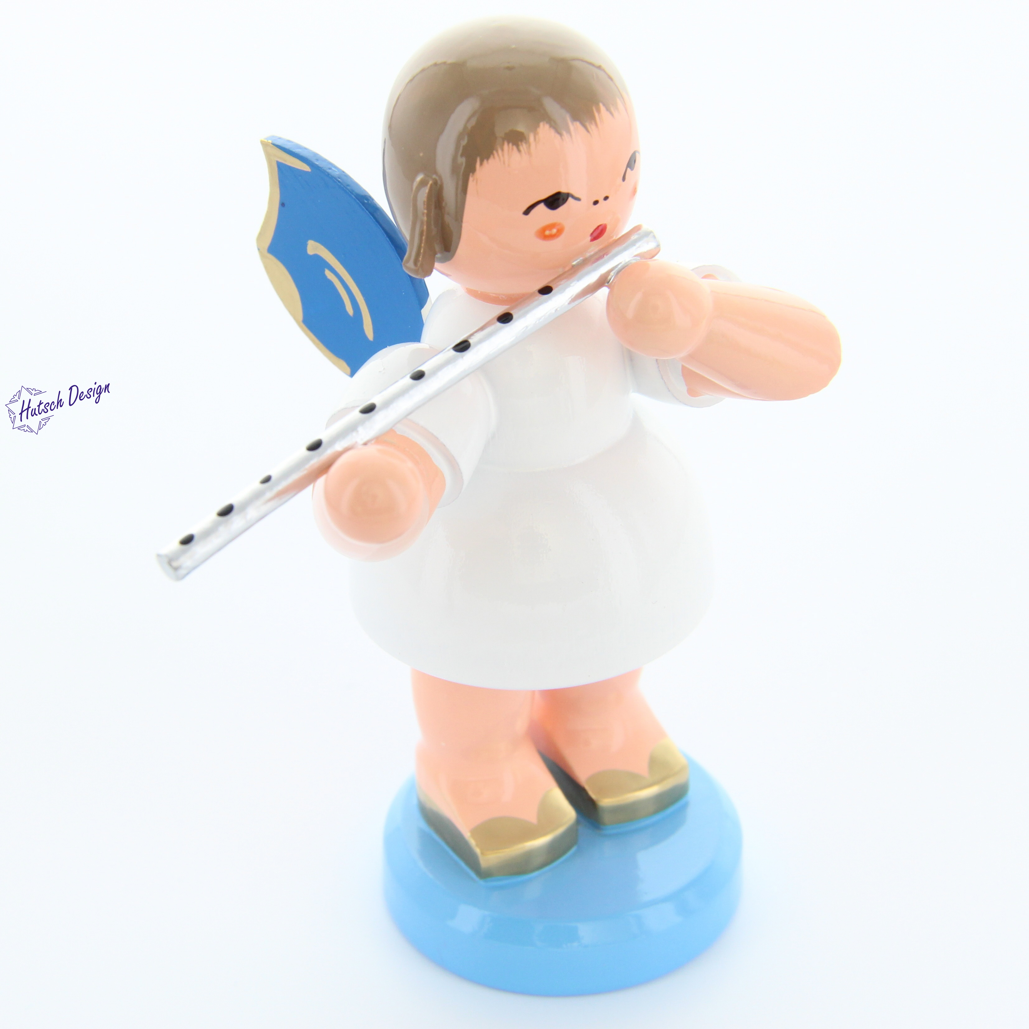 Engel stehend groß mit Querflöte, blaue Flügel Engel stehend groß mit Querflöte, blaue Flügel