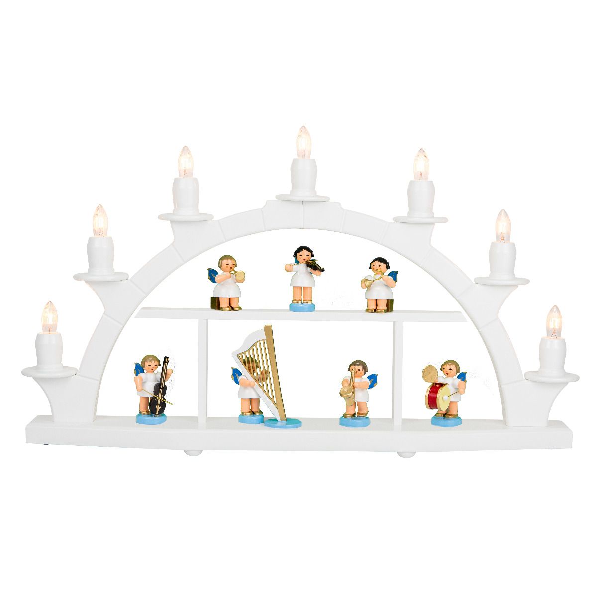 Schwibbogen weiß, 7 elektr. Kerzen, 7 Instrumetenengel 60 mm + Harfe, blaue Flügel