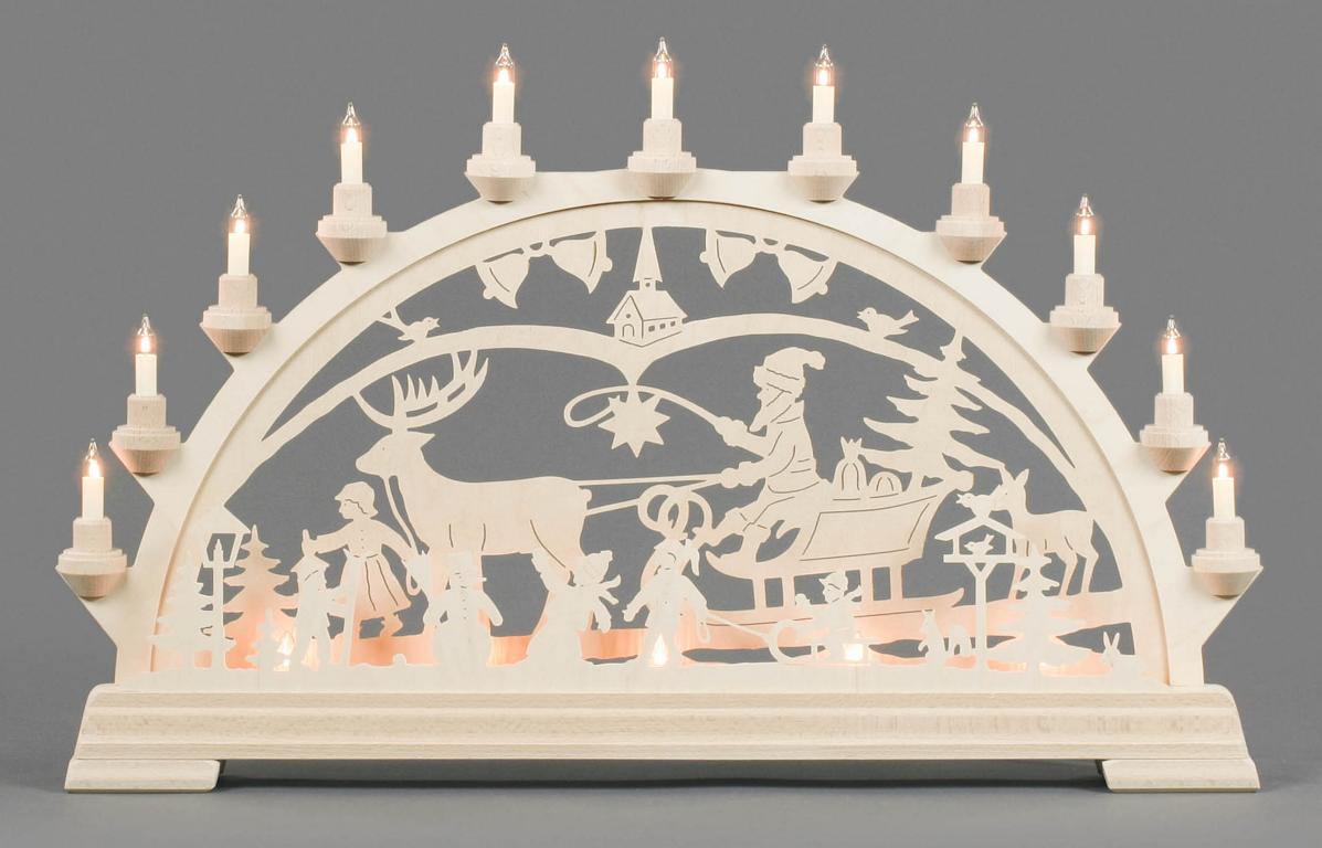Schwibbogen mit Weihnachtsgespann und Winterkindern, elektrisch beleuchtet Schwibbogen mit Weihnachtsgespann und Winterkindern, elektrisch beleuchtet