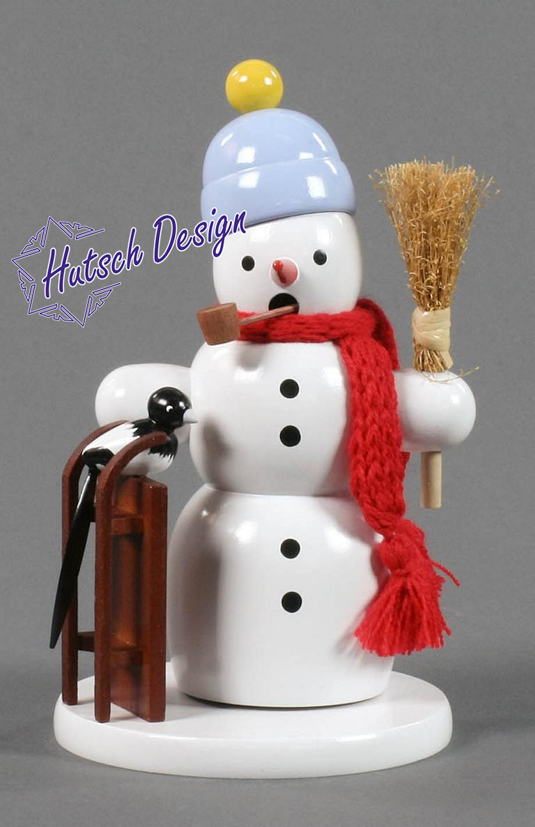 Räuchermann Schneemann mit Schlitten und Elster 17cm