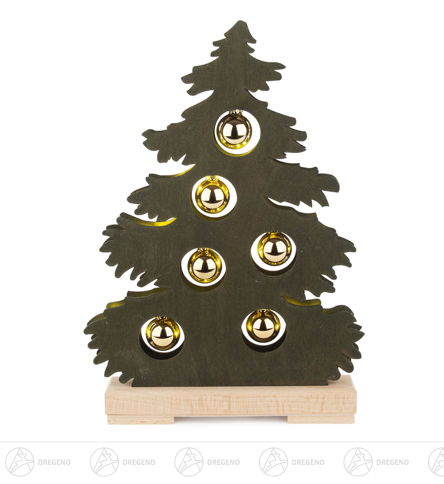 Tanne klein,grün gebeizt,goldene Kugeln mit 10er LED-Lichterkette (USB) 33x23cm