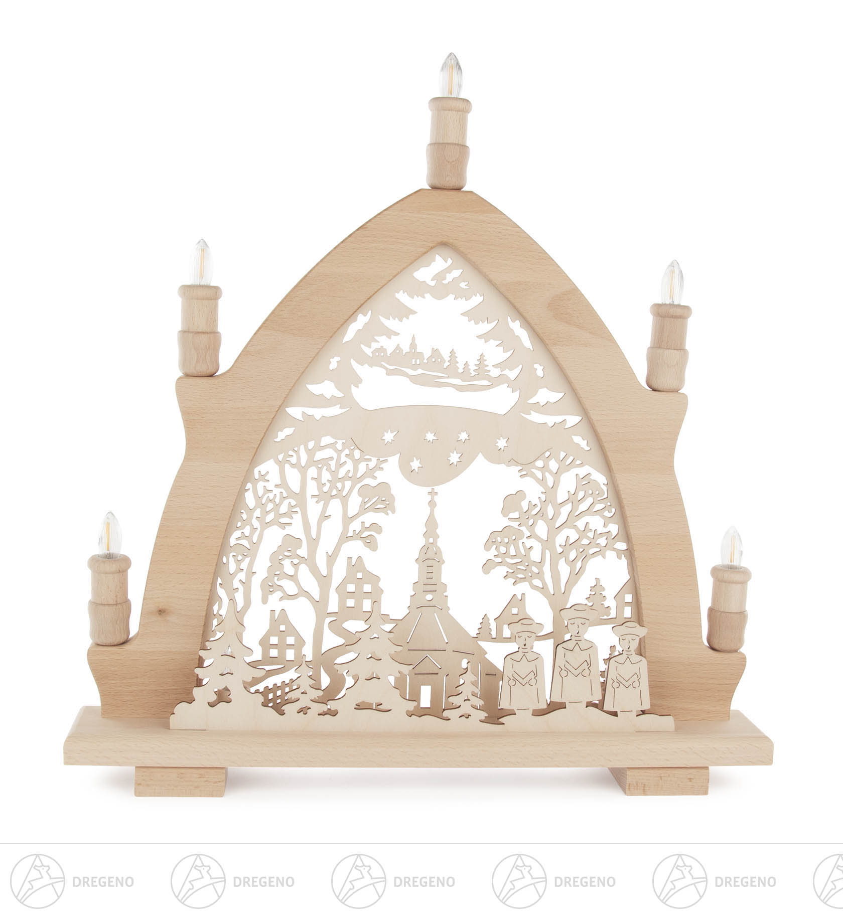 LED-Leuchterbogen Seiffener Kirche mit Innenbeleuchtung im Sockel 42x43cm