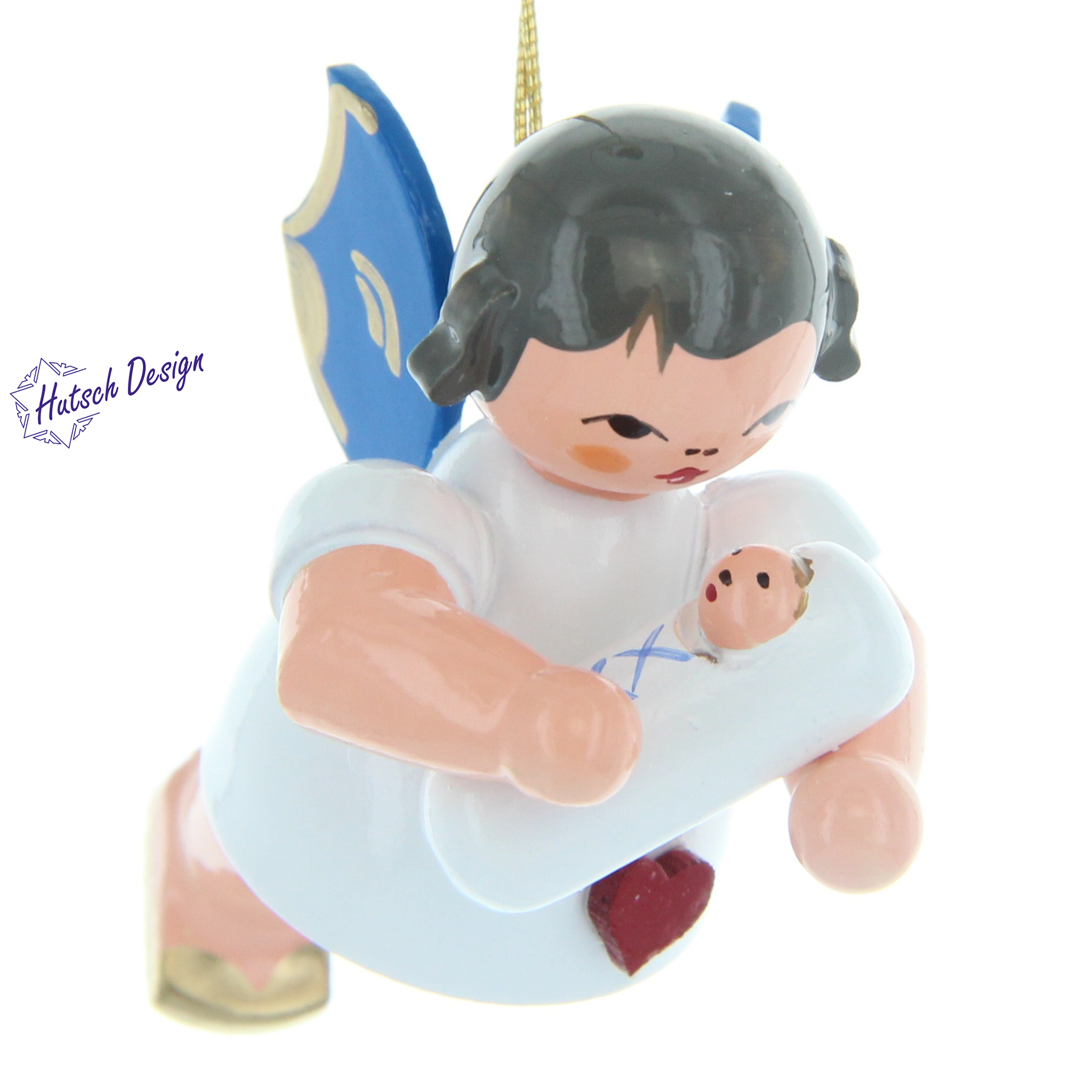 Herzengel schwebend mit Baby Junge, blaue Flügel Herzengel schwebend mit Baby Junge, blaue Flügel