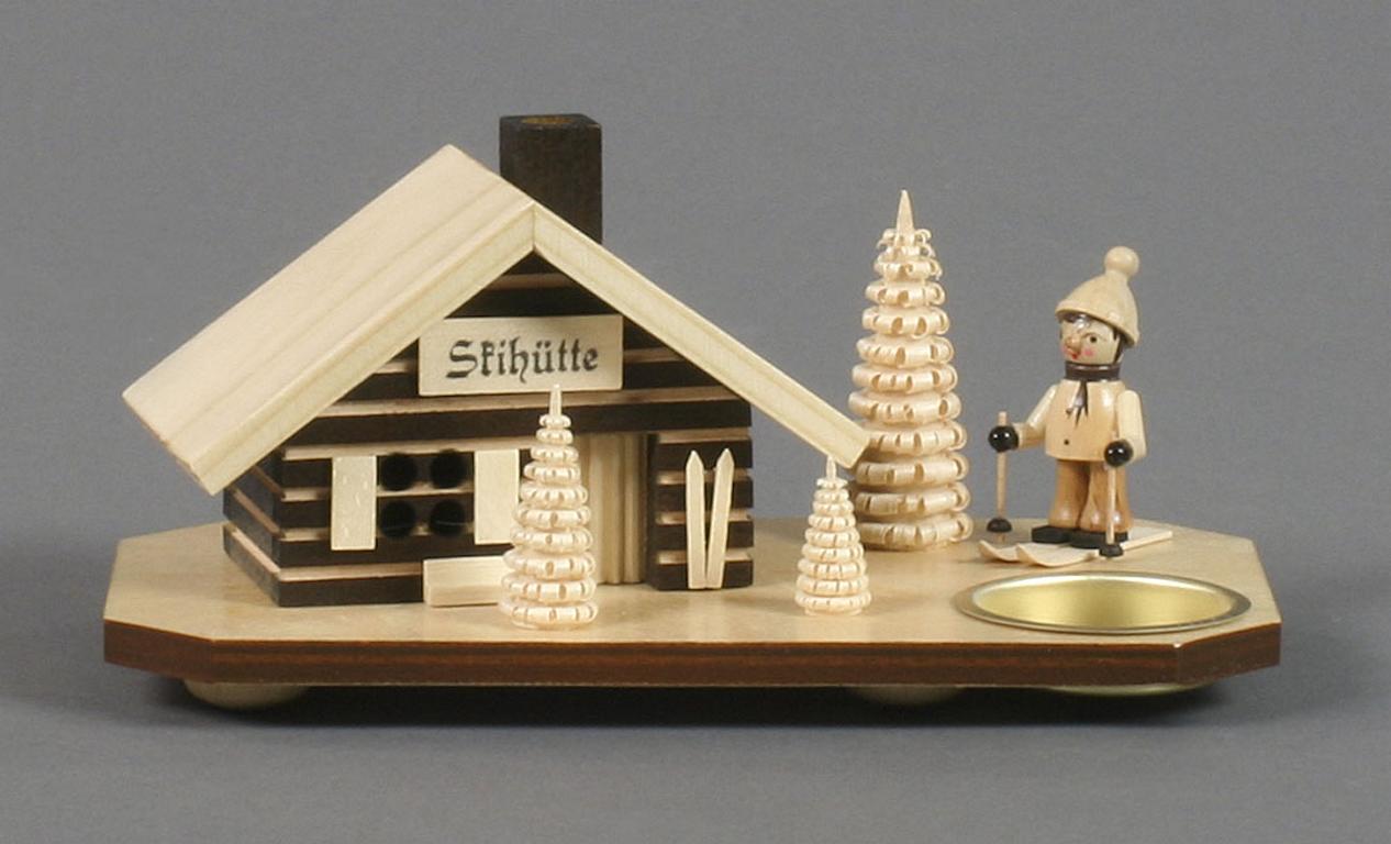 Räucherhaus Skihütte mit Skifahrer, für Teelicht