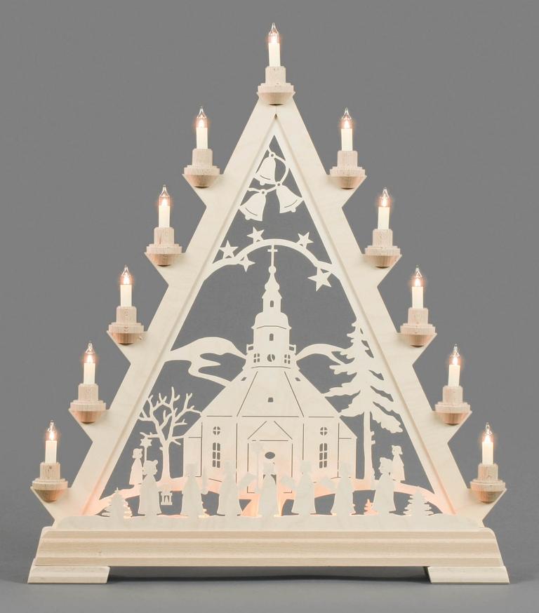 Weihnachtsdreieck mit Seiffener Kirche und Kurrende, elektrisch beleuchtet Weihnachtsdreieck mit Seiffener Kirche und Kurrende, elektrisch beleuchtet