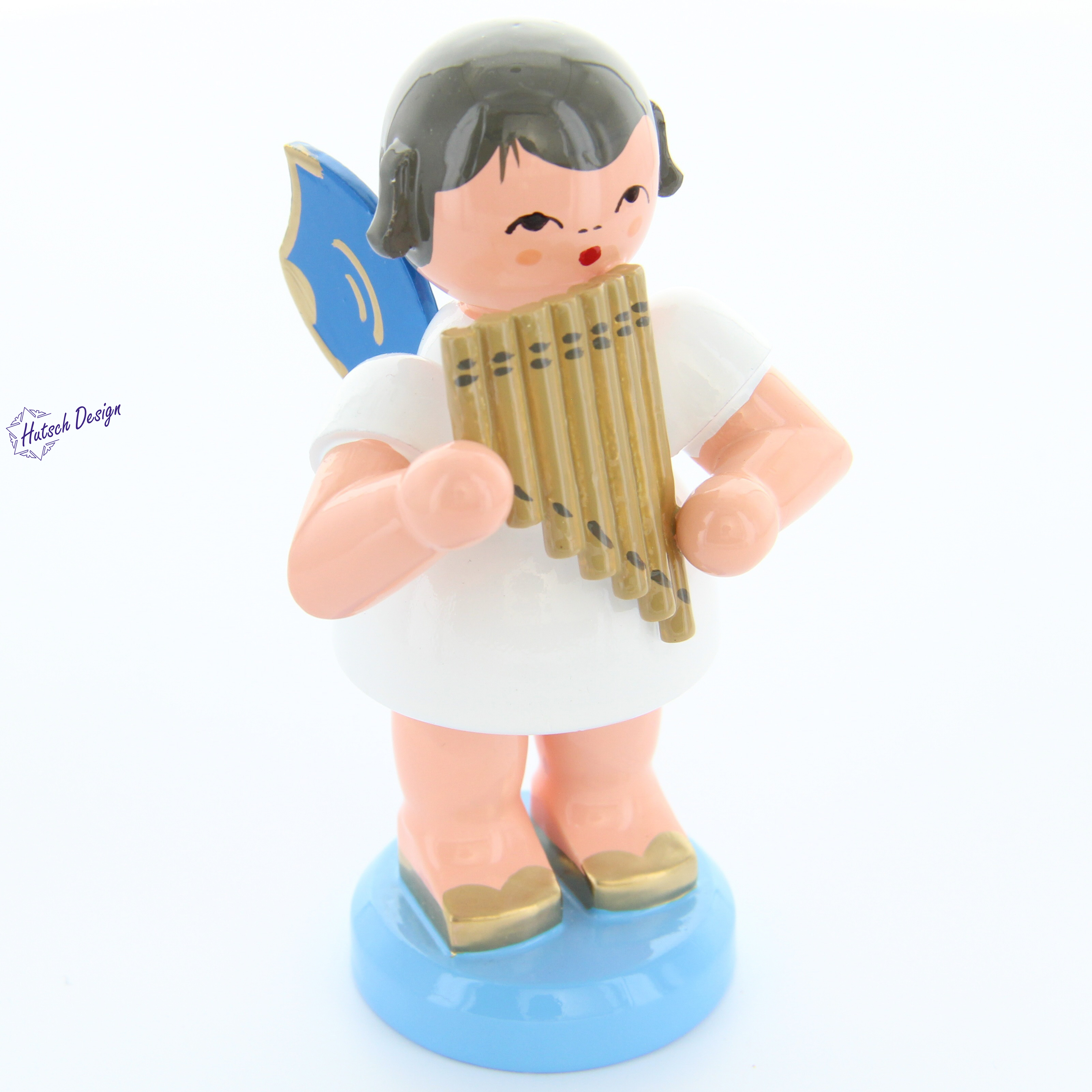 Engel stehend groß mit Panflöte, blaue Flügel Engel stehend groß mit Panflöte, blaue Flügel