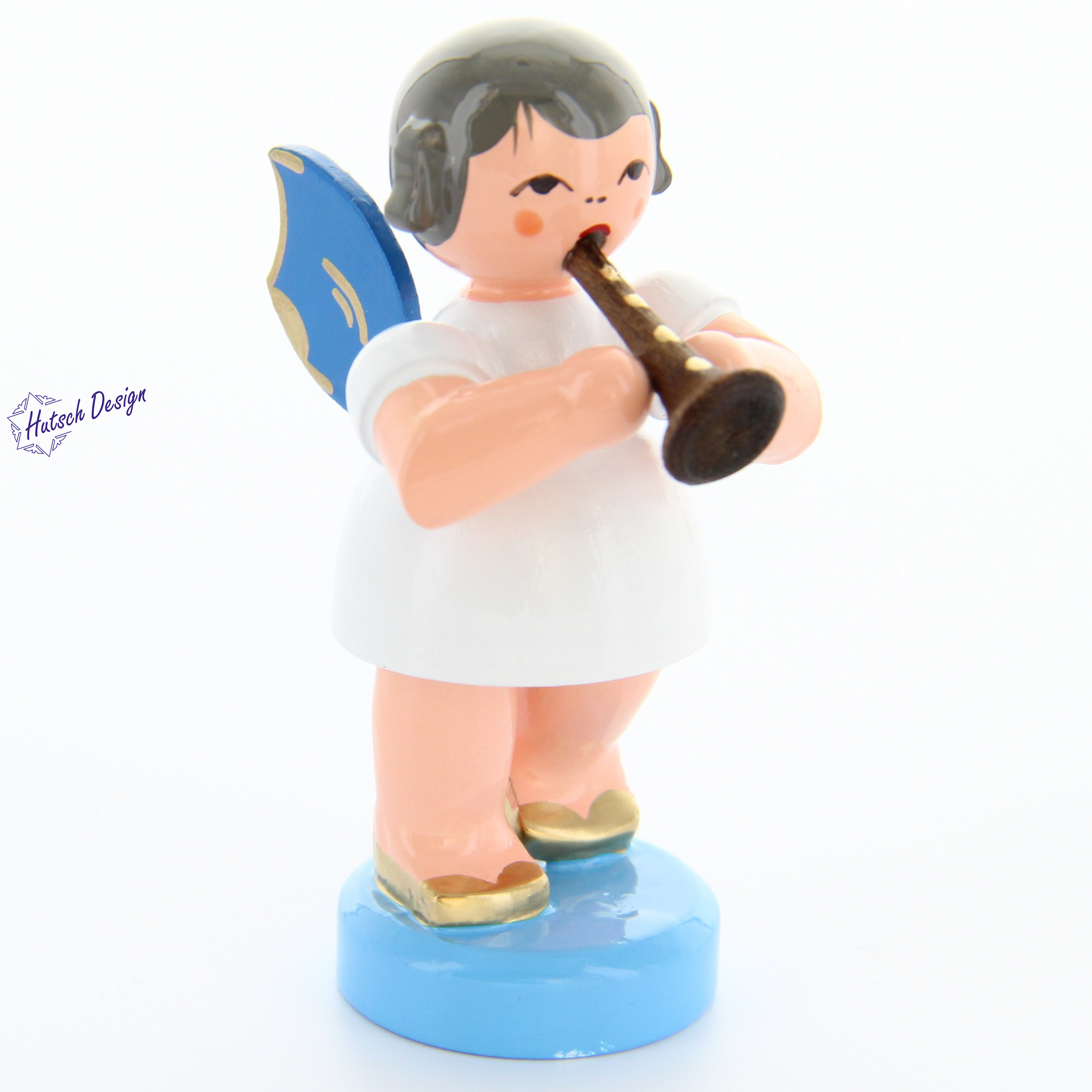Engel stehend mit Flöte, blaue Flügel Engel stehend mit Flöte, blaue Flügel