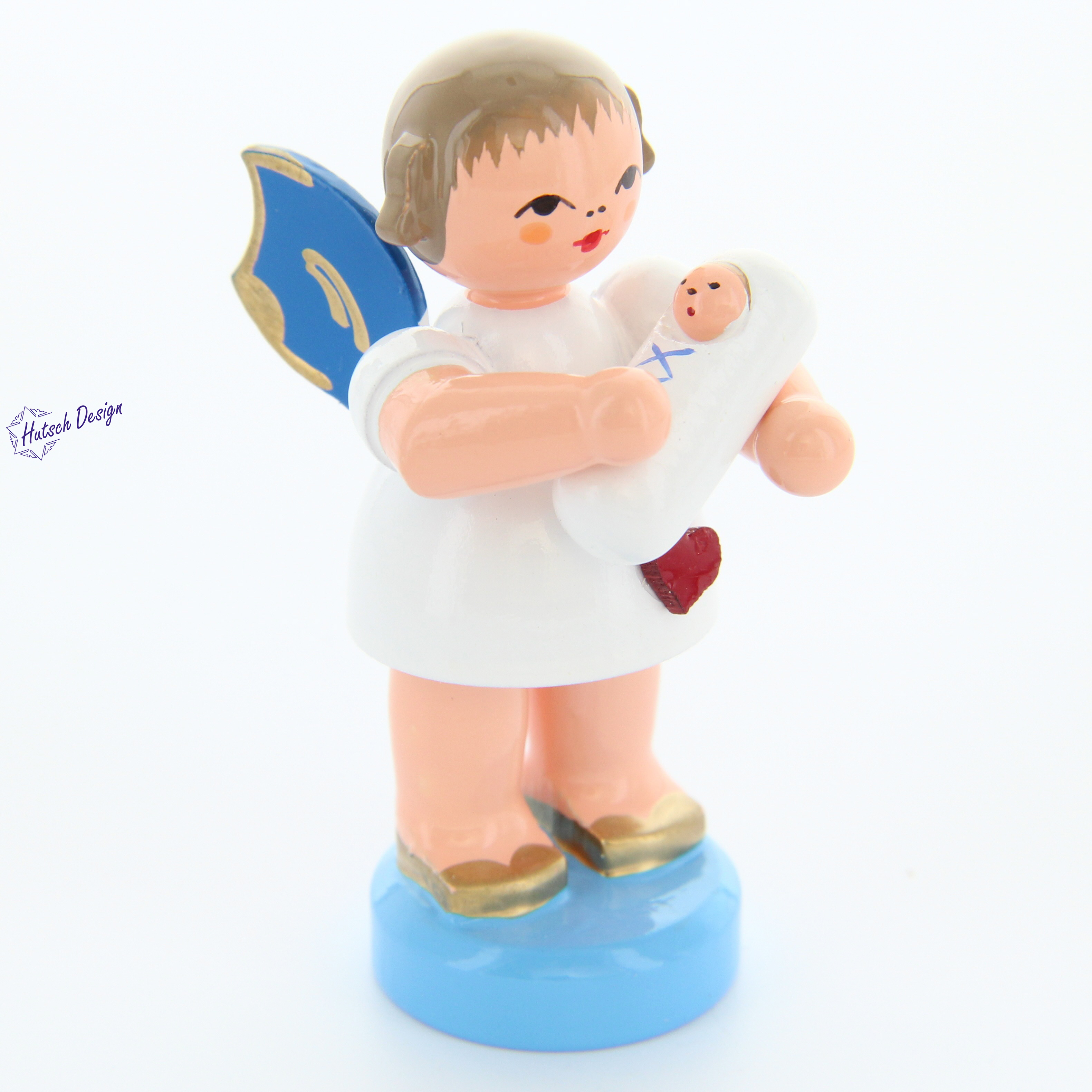 Herzengel stehend mit Baby Junge, blaue Flügel