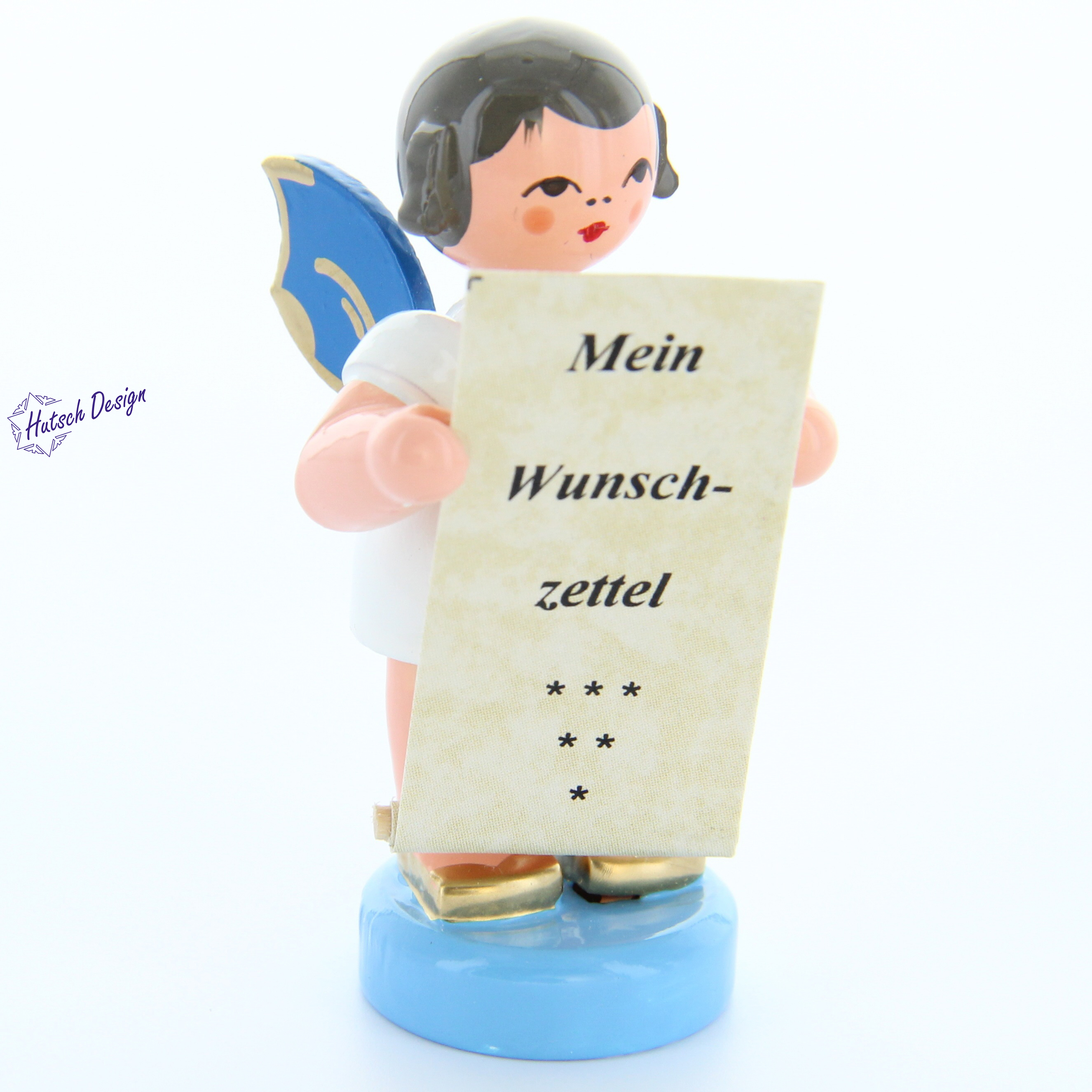 Engel stehend mit Wunschzettel, blaue Flügel Engel stehend mit Wunschzettel, blaue Flügel