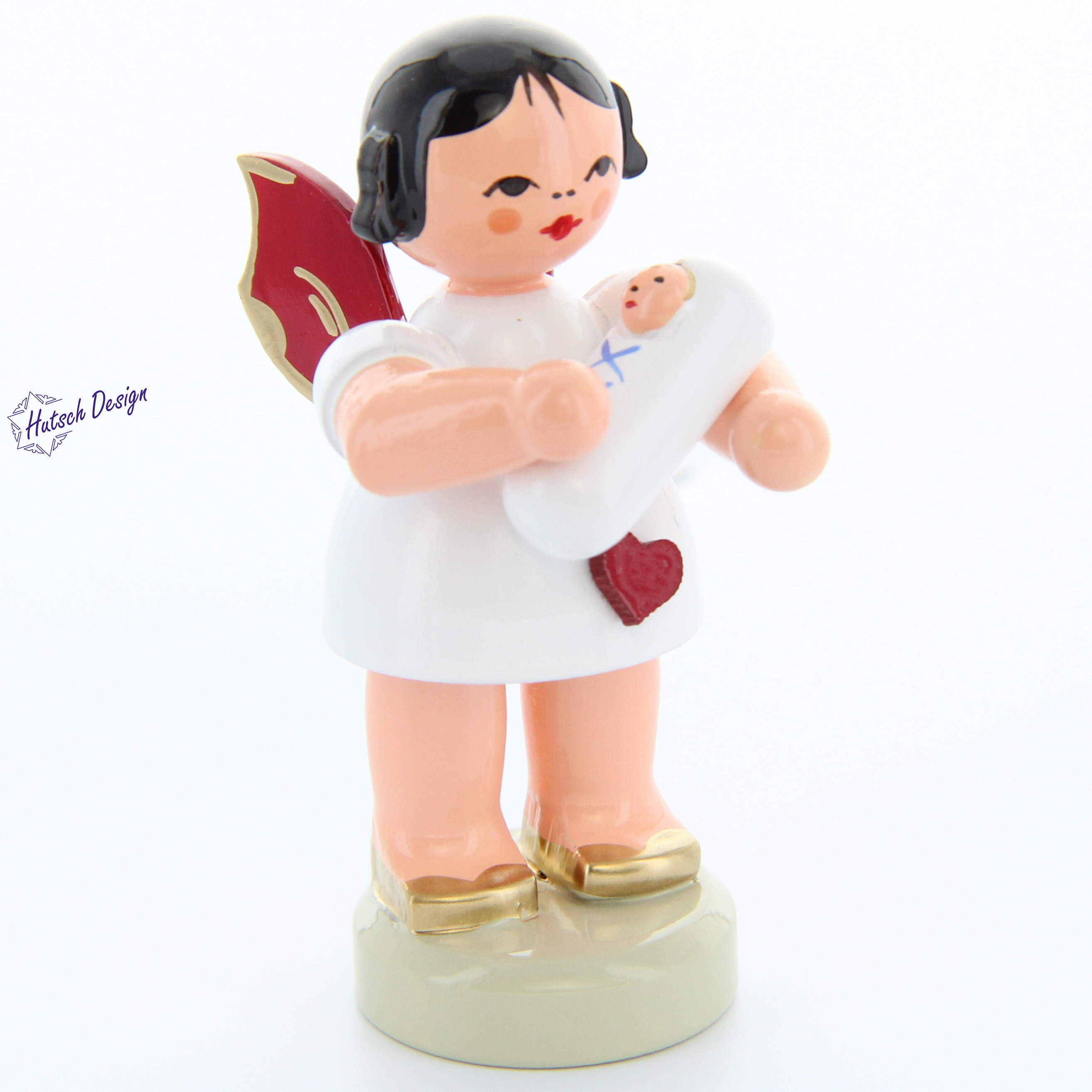 Herzengel stehend mit Baby Junge, rote Flügel Herzengel stehend mit Baby Junge, rote Flügel