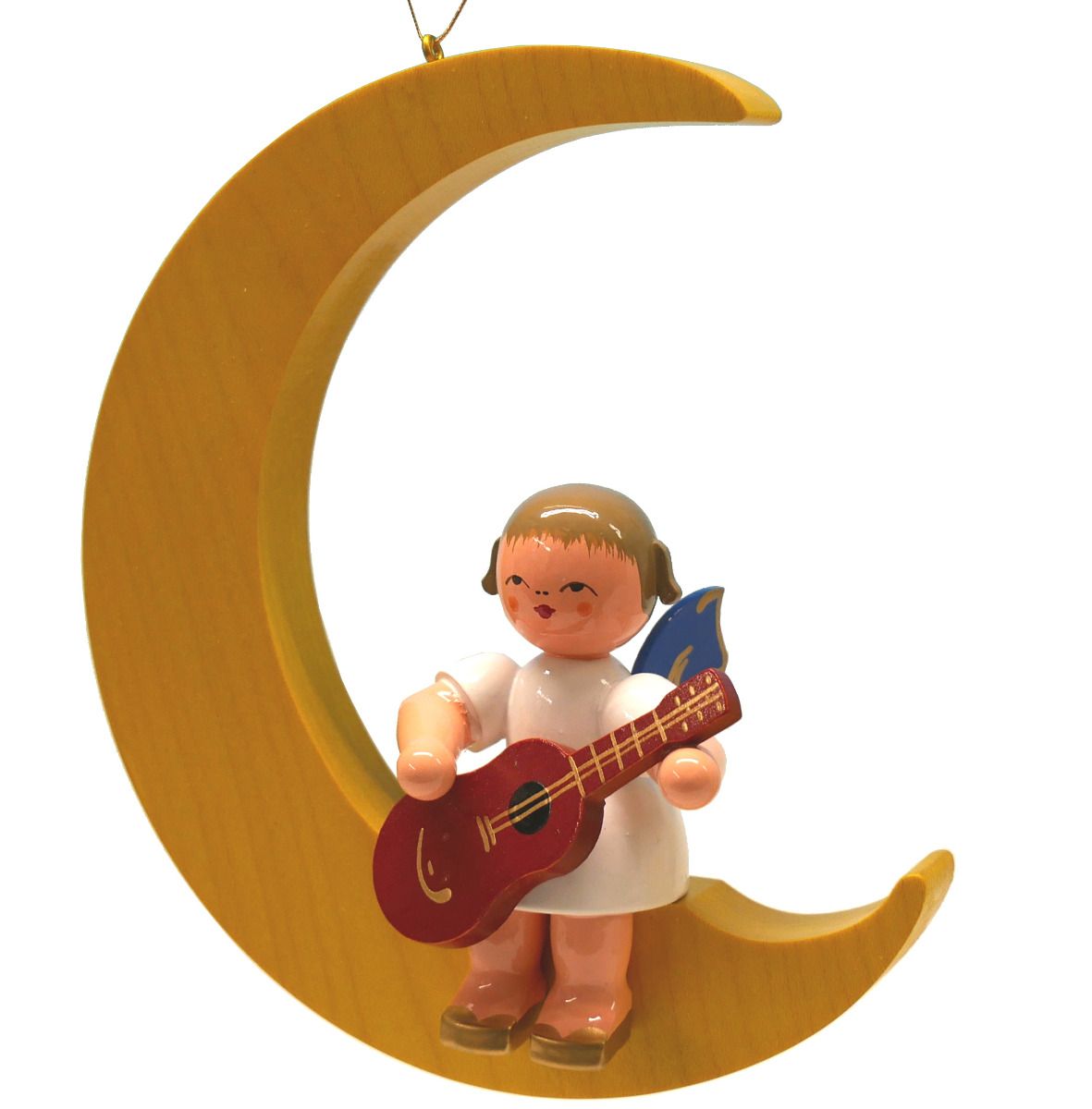 Engel sitzend groß mit Gitarre, Flügel blau, Mond gelb Engel sitzend groß mit Gitarre, Flügel blau, Mond gelb