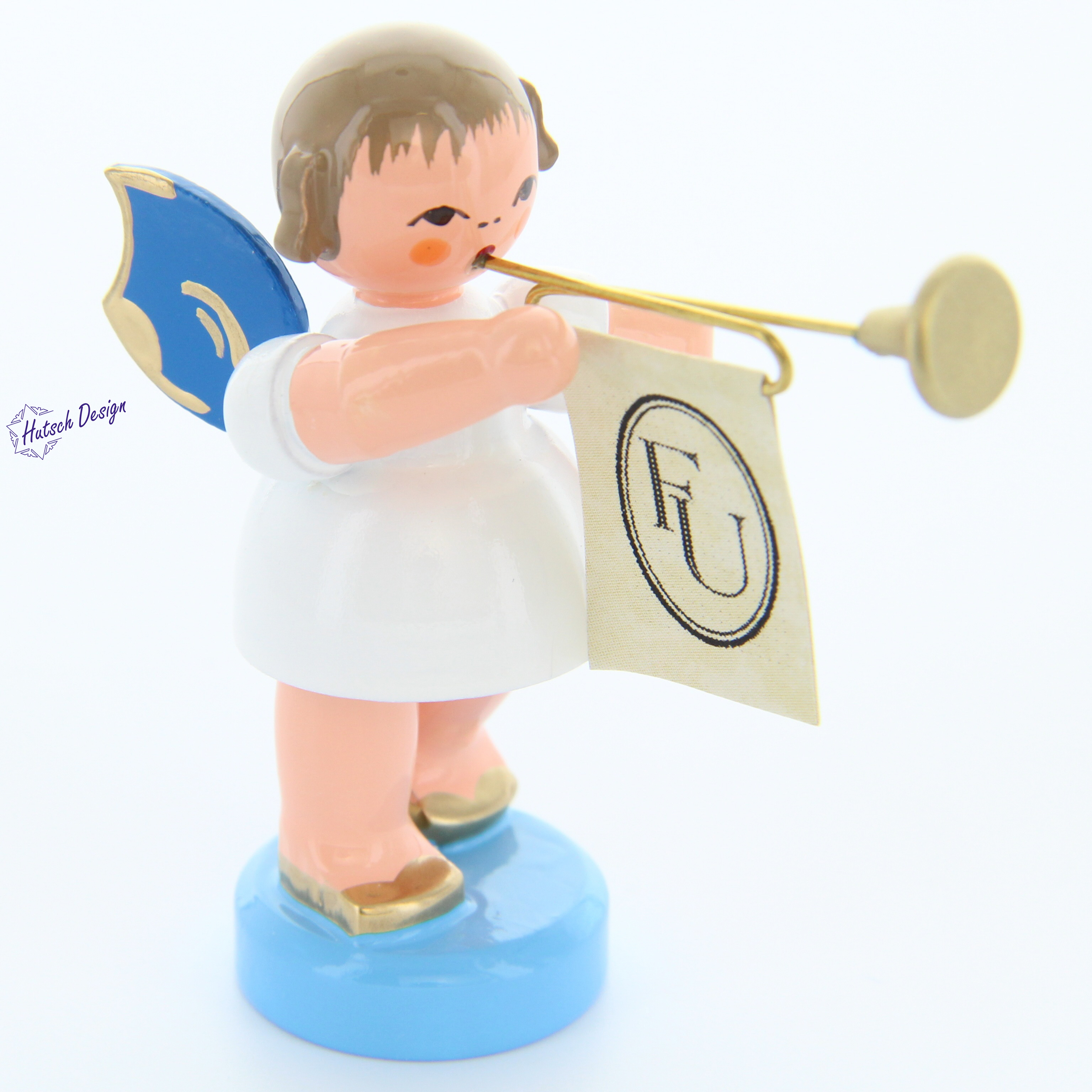 Engel stehend mit Fanfare, blaue Flügel Engel stehend mit Fanfare, blaue Flügel
